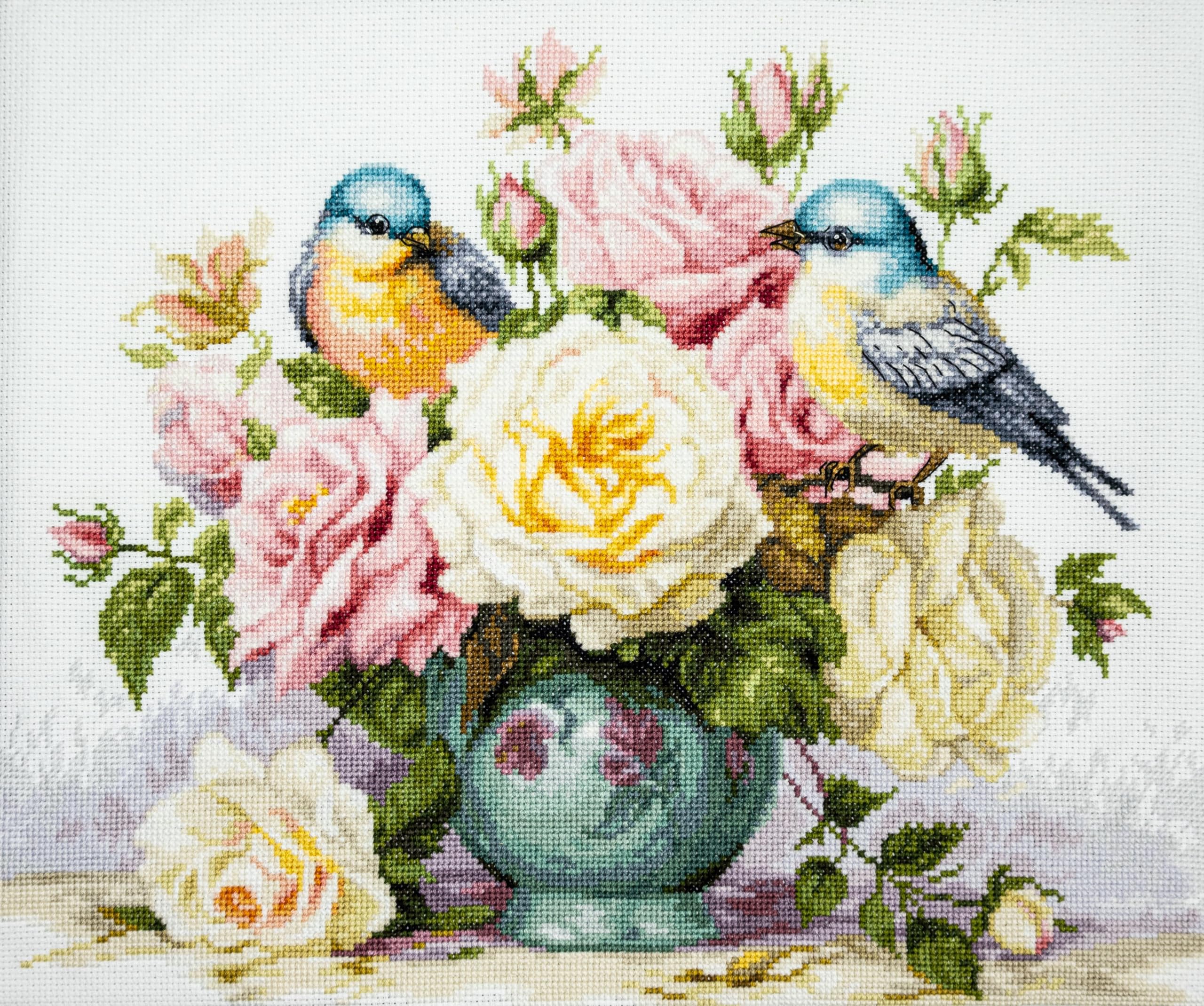 Luca-S Multifarbig Cross Stitch Kit, Counted Cross Stitch For Adults, Embroidery Kit Vase With Roses And Birds, B7038