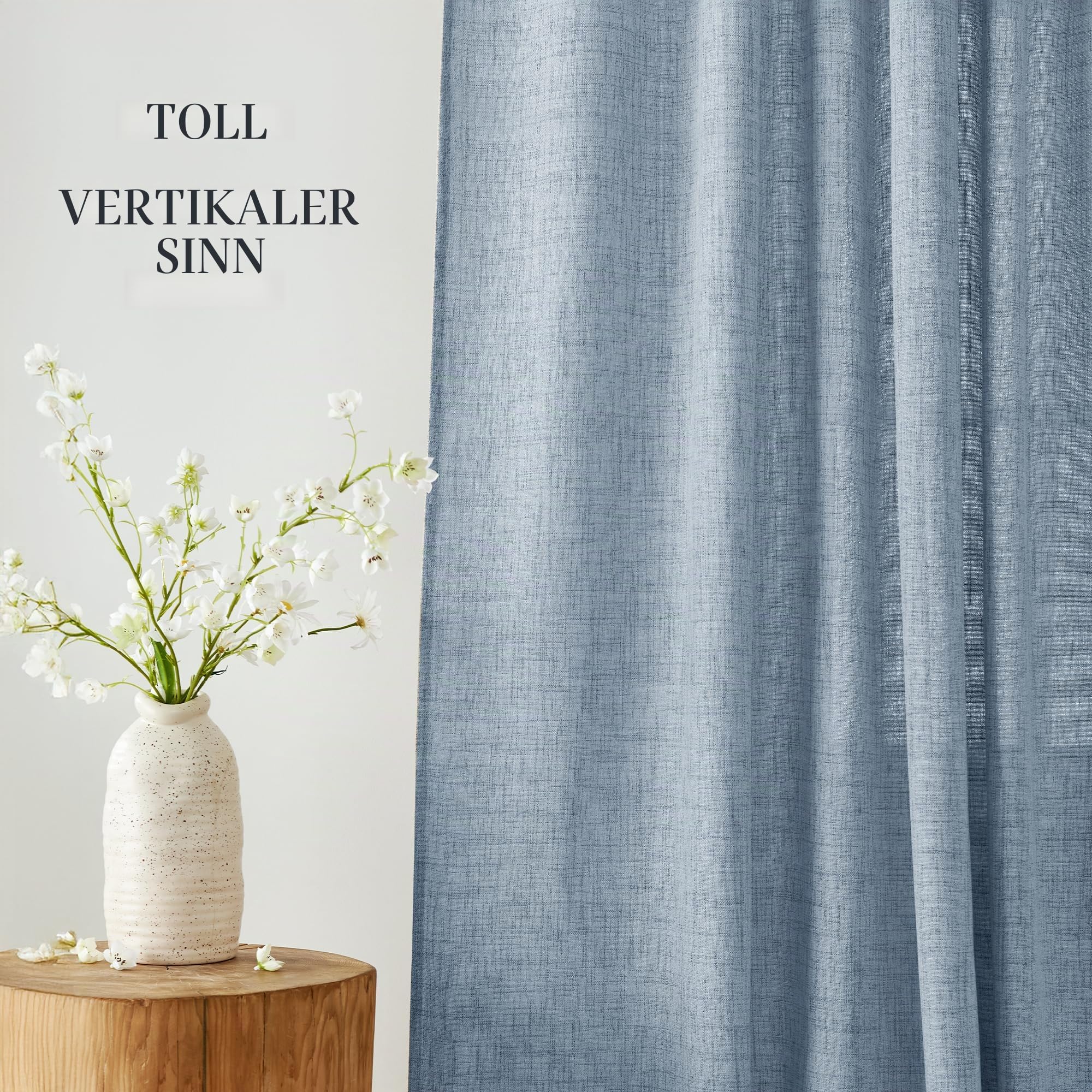 PONY DANCE Extra Breite Gardine Leinenoptik Vorhang Kräuselband | 1er Set H245 x B300 cm, Taubenblau, für Schiene, Lichtdurchlässig, Halbtransparent, Kinderzimmer Dekoration, Boho Style