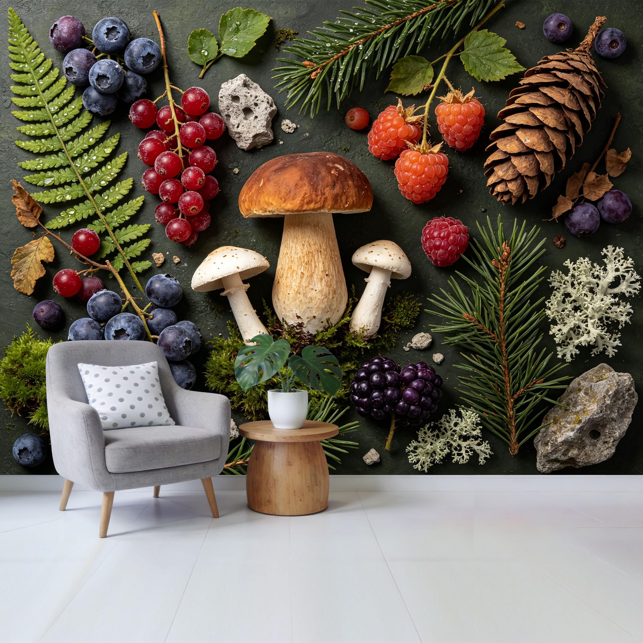 Custom Size Wall Mural Forest Botanical Mushrooms Berries Pinecones Natural Woodland Still Life Removable Self Adhesive Fabric Home Wall Decor for Living Room Bedroom Bathroom