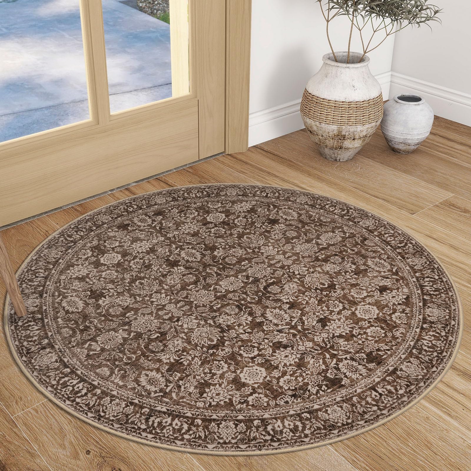 Photo 1 of SIILOOM 3' Round Rug Washable Rug for Entryway, Rust Reddish Brown Soft Slip-Resistant Area Rugs Distressed Floral Low-Pile Carpet, Neutral Vintage Circle Rugs for Living Room Dining Bedroom Foyer