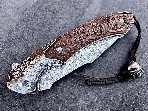 Miniatura 3 de TACTICAL GEARZ Cuchillo de bolsillo de acero de Damasco EDC personalizado, mango de palisandro tallado personalizado, incluye funda de cuero