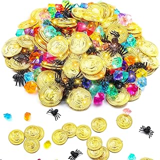 220 Pieces Pirate Gold Coins and Gem Jewelry Set, Including 100 Pirate Gold Coins with 100 Gem and 20 Mini Black Spider Toy, Pirate Game Supplies for Halloween Pirate Themed Events