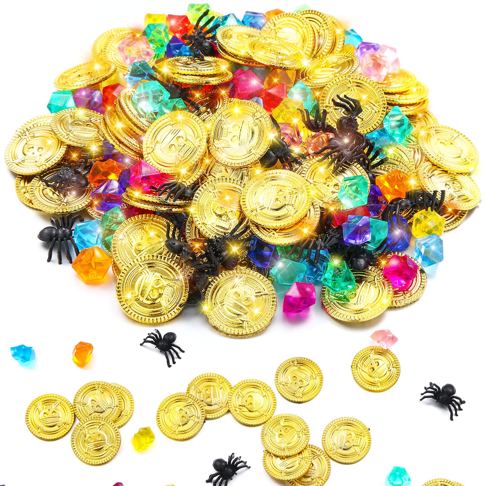 220 Pieces Pirate Gold Coins and Gem Jewelry Set, Including 100 Pirate Gold Coins with 100 Gem and 20 Mini Black Spider Toy, Pirate Game Supplies for Halloween Pirate Themed Events
