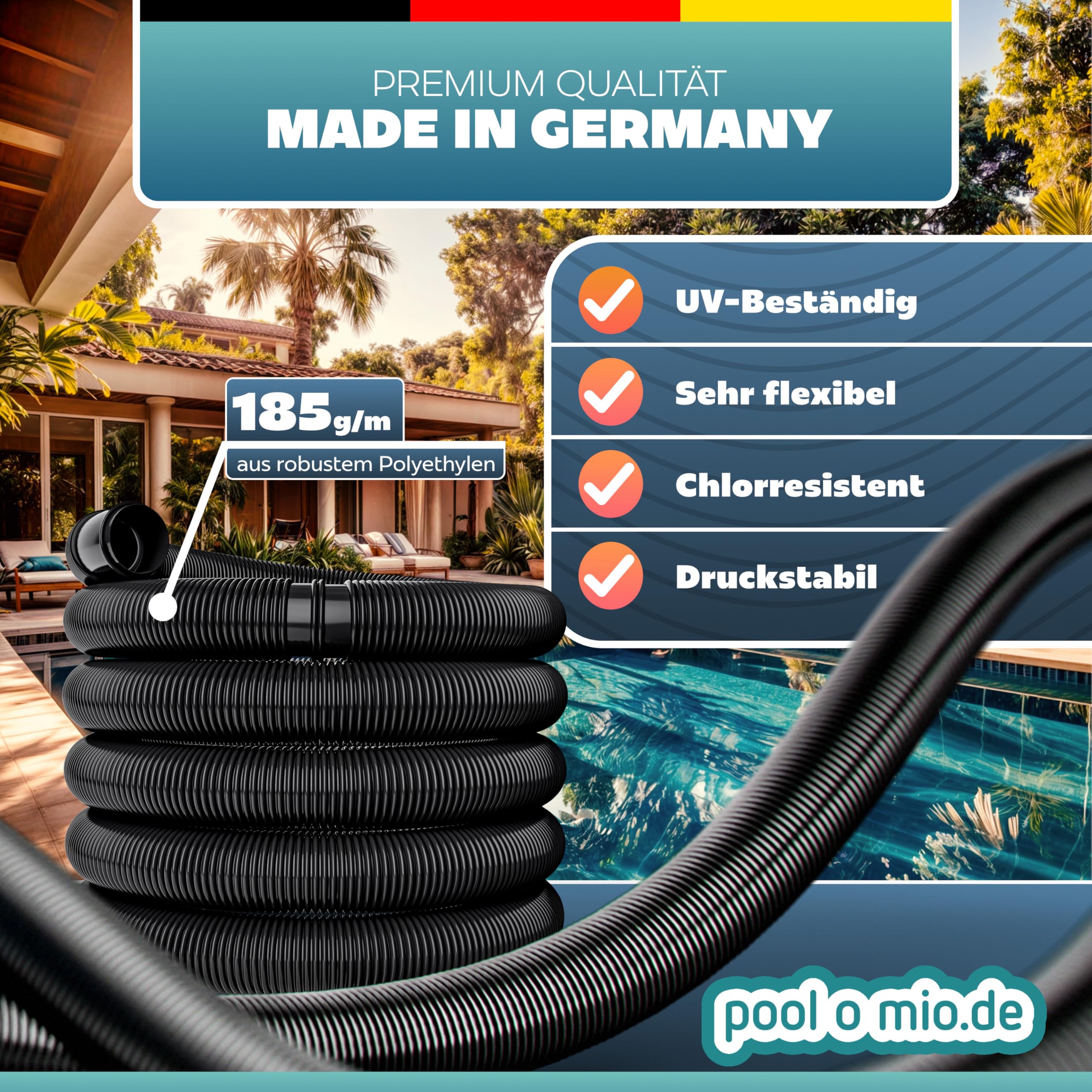poolomio® Basenowy Wąż 32 mm / 9 m Czarny | Elastyczny Solarny do Pompy, Ogrzewania Basenu i Maty Solarnej | Stabilny 1 1/4" Odporny na Promieniowanie UV, Ssący