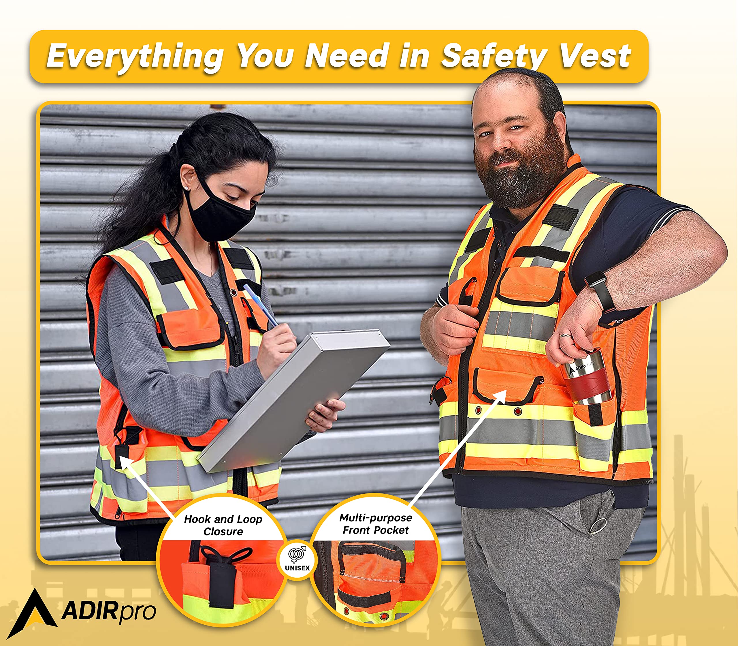 AdirPro - Chaleco de seguridad resistente conforme a ANSI, chaleco reflectante de alta visibilidad con cremallera y bolsillos utilitarios para inspectores, ingenieros, trabajadores de la construcción