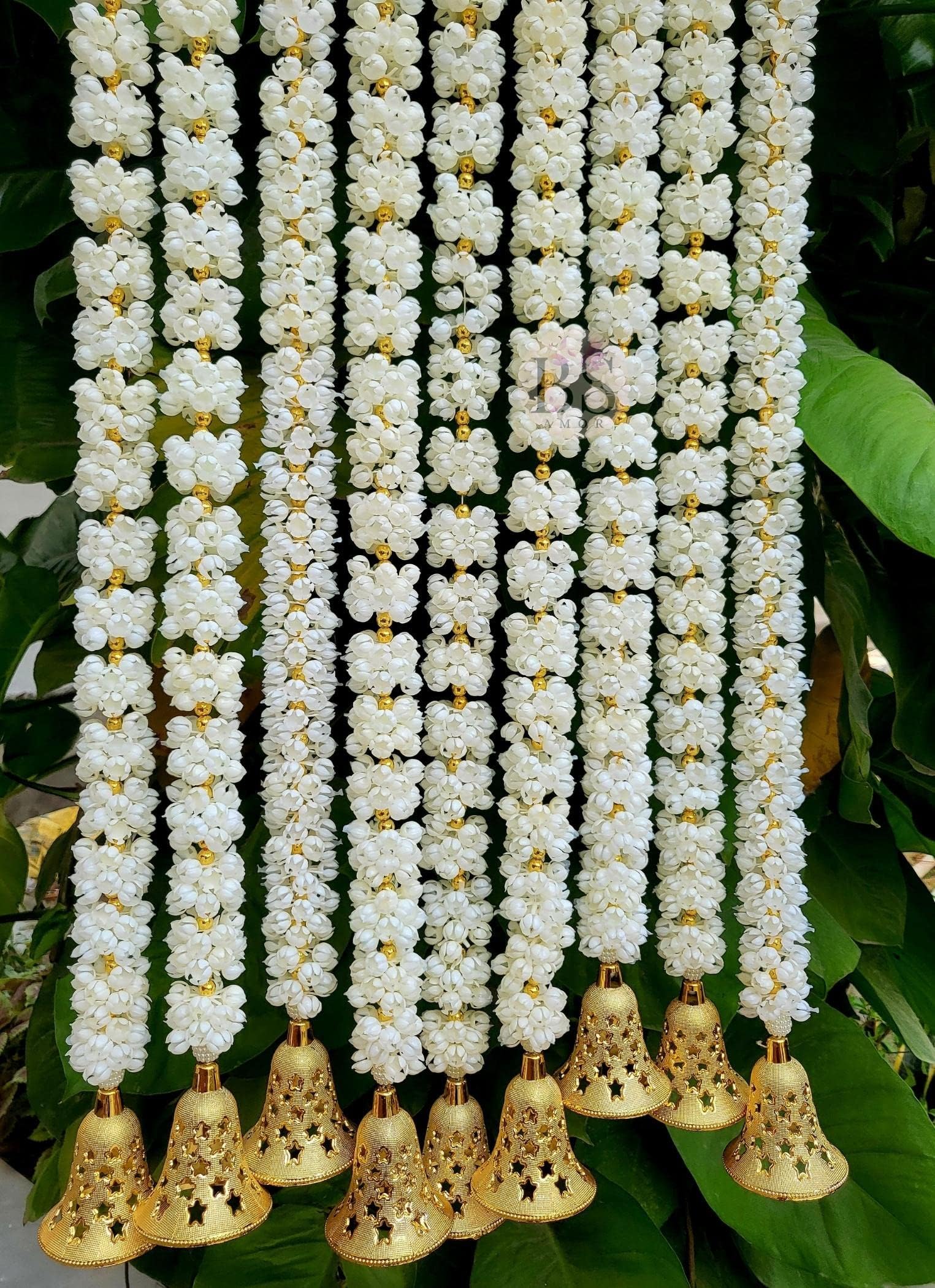 BS AMOR Handmade Decorative Mogra Bell Fluffy Artificial Creeper Bail Garland, Size 2.2 Feet Used for Home/Office,Festival Christsmas Diwali Decoration,Pack of 12, (White Gold) (12)