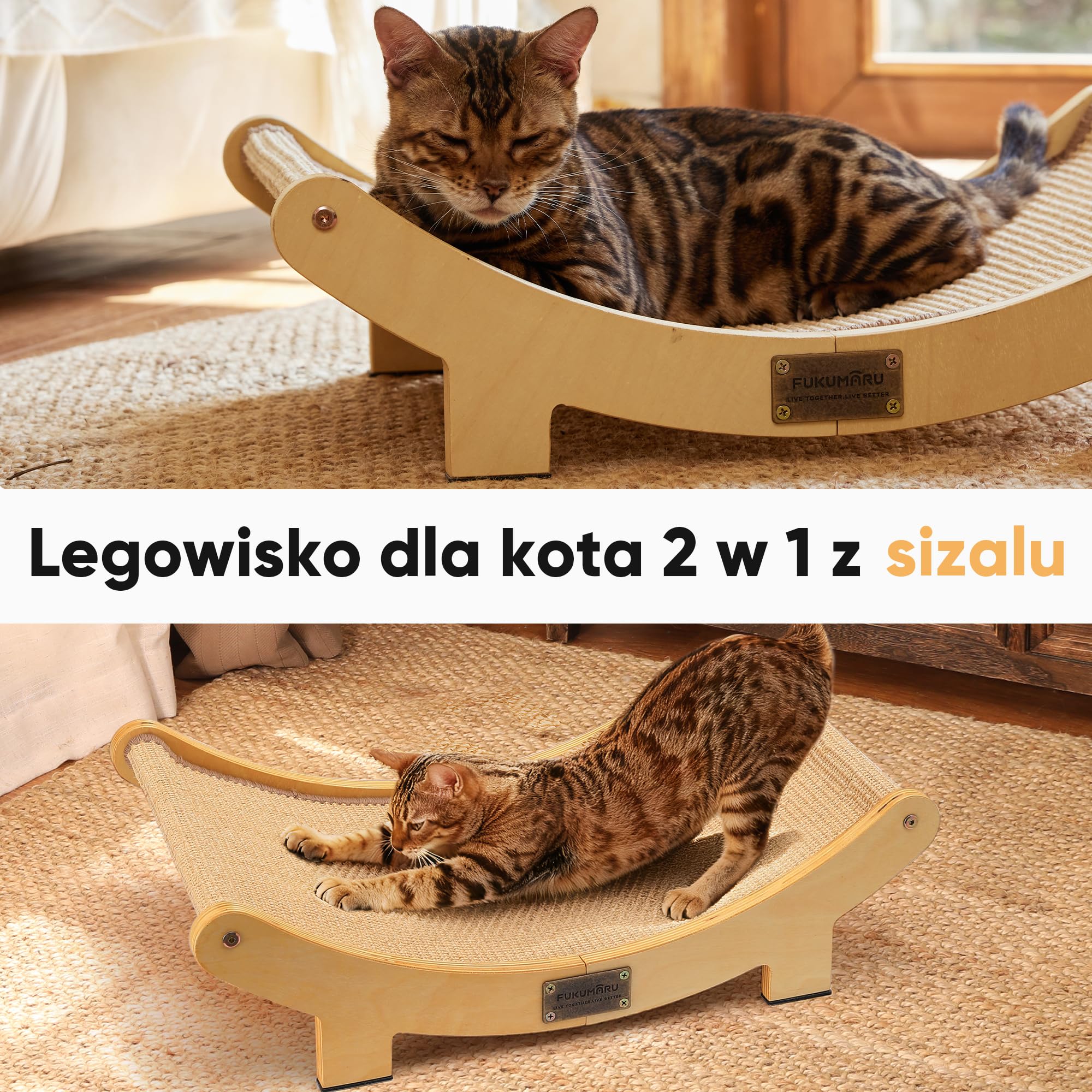 FUKUMARU Legowisko do drapania dla kota, 60 cm Trwałe łóżko do drapania dla kotów do użytku wewnętrznego, 100% naturalny hamak sizalowy, rama z litego drewna do spania i ozdabiania paznokci (beżowy)