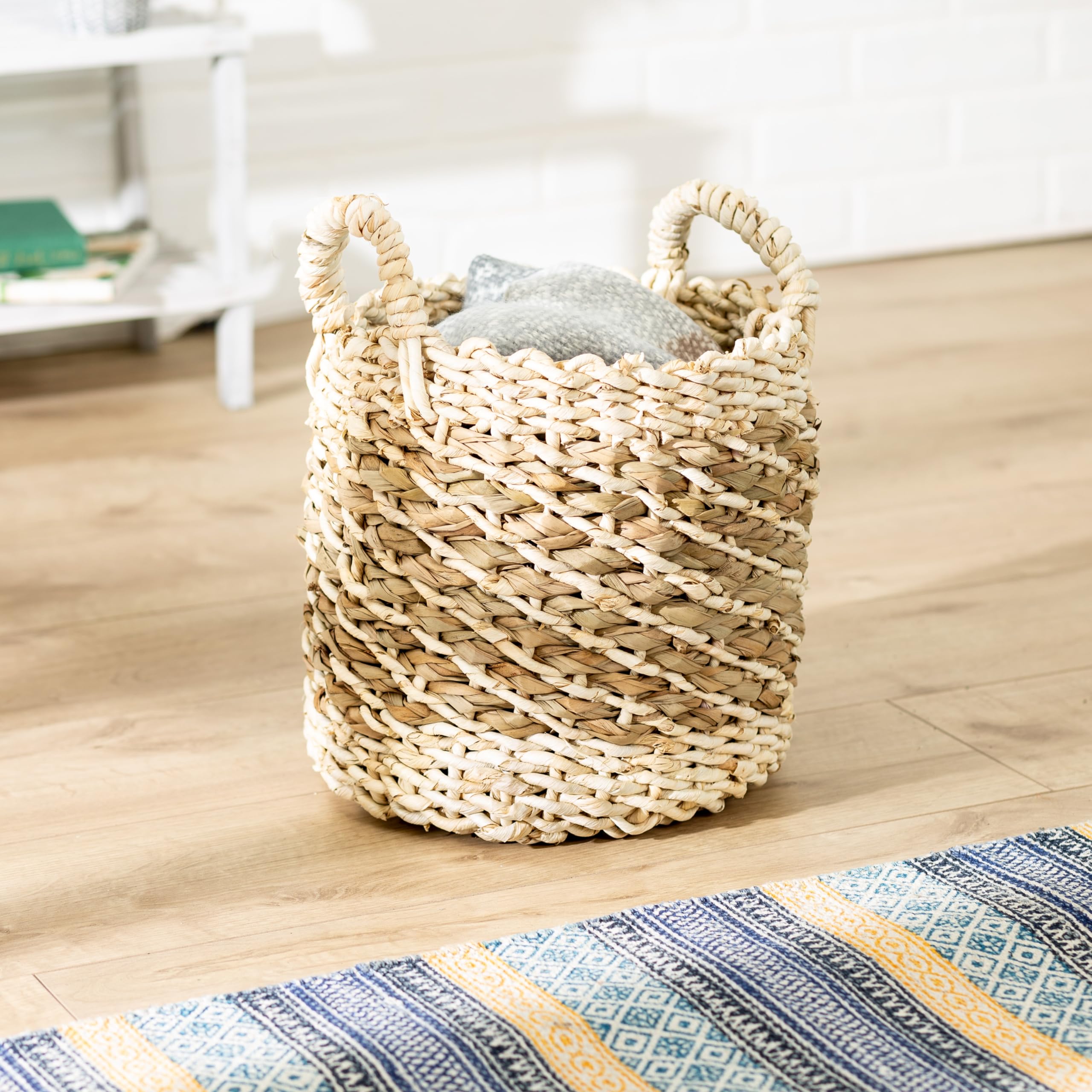 Small Tea Stained Woven Natural Basket with Handles, Seagrass & Maize