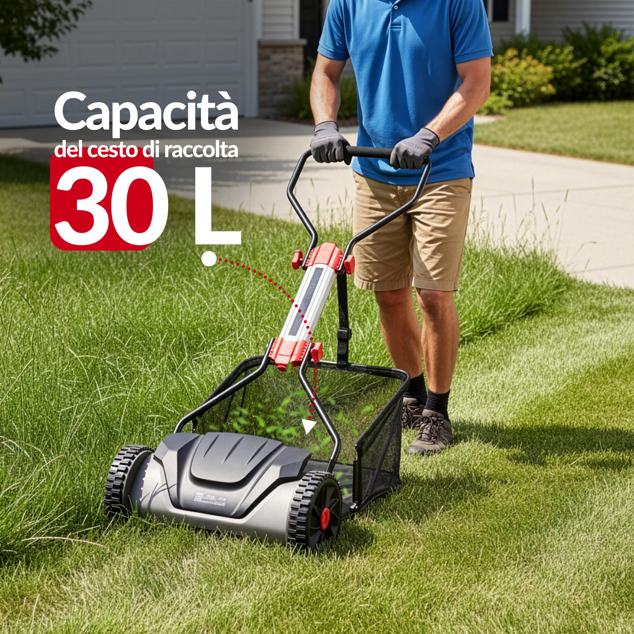 LEHMANN Tagliaerba a rullo 40 cm con cesto 30 L – Tagliaerba manuale a spinta per erba, senza elettricità, meccanico con 5 lame, altezza di taglio regolabile 15–42 mm, manico pieghevole