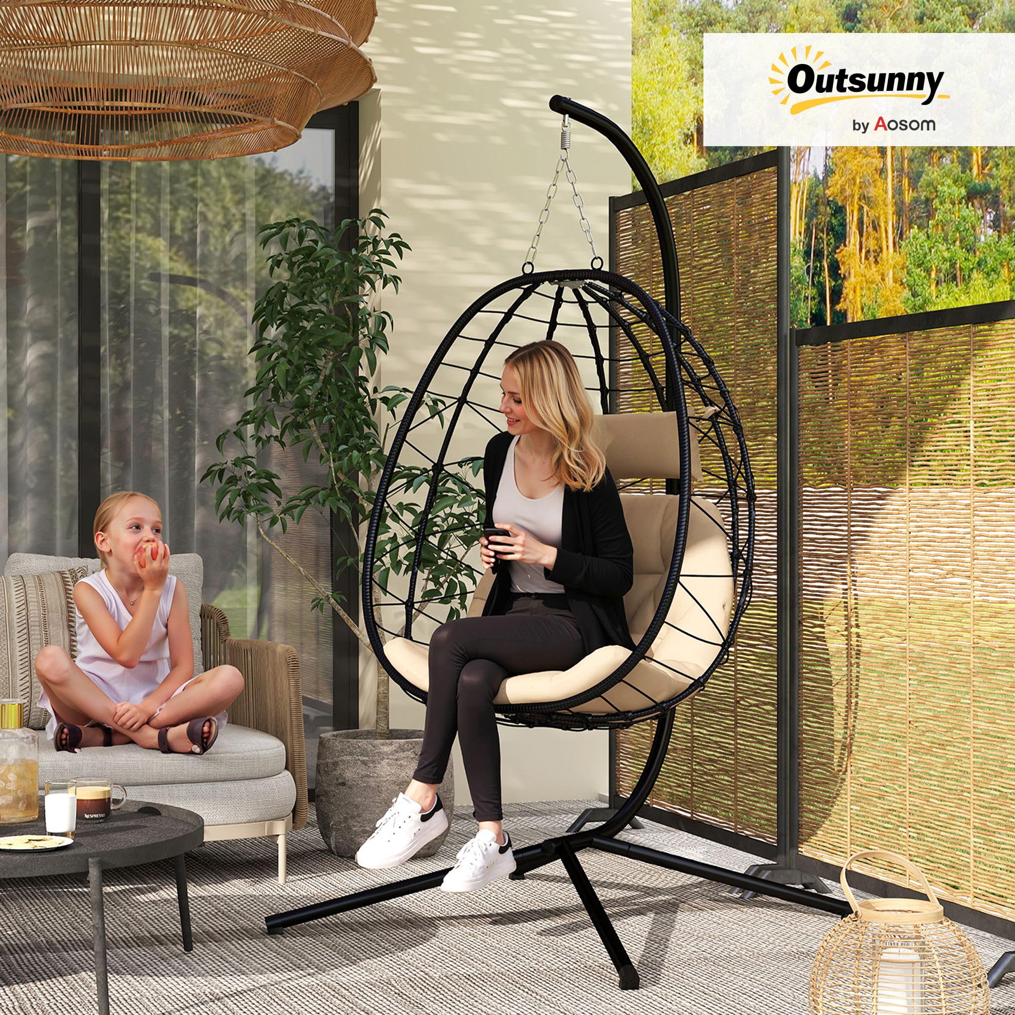 Outsunny Silla Colgante Huevo con Soporte Columpio Jardín Exterior con Cesta Plegable Cojín y Reposacabezas Columpio Colgante para Interior y Exterior Carga 120 kg Caqui