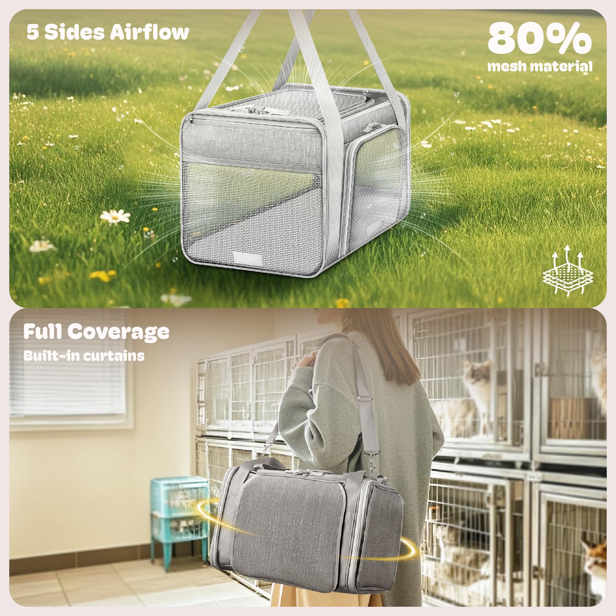 Top and 2 Sides Expandable Pet Carrier 17x11x9.5, TSA Airline Approved Small Dog Carrier for Small Dogs, Soft Side Cat Carrier with Self-Locking Zippers for Kitten,Rabbit, Puppy, Guinea Pig Grey