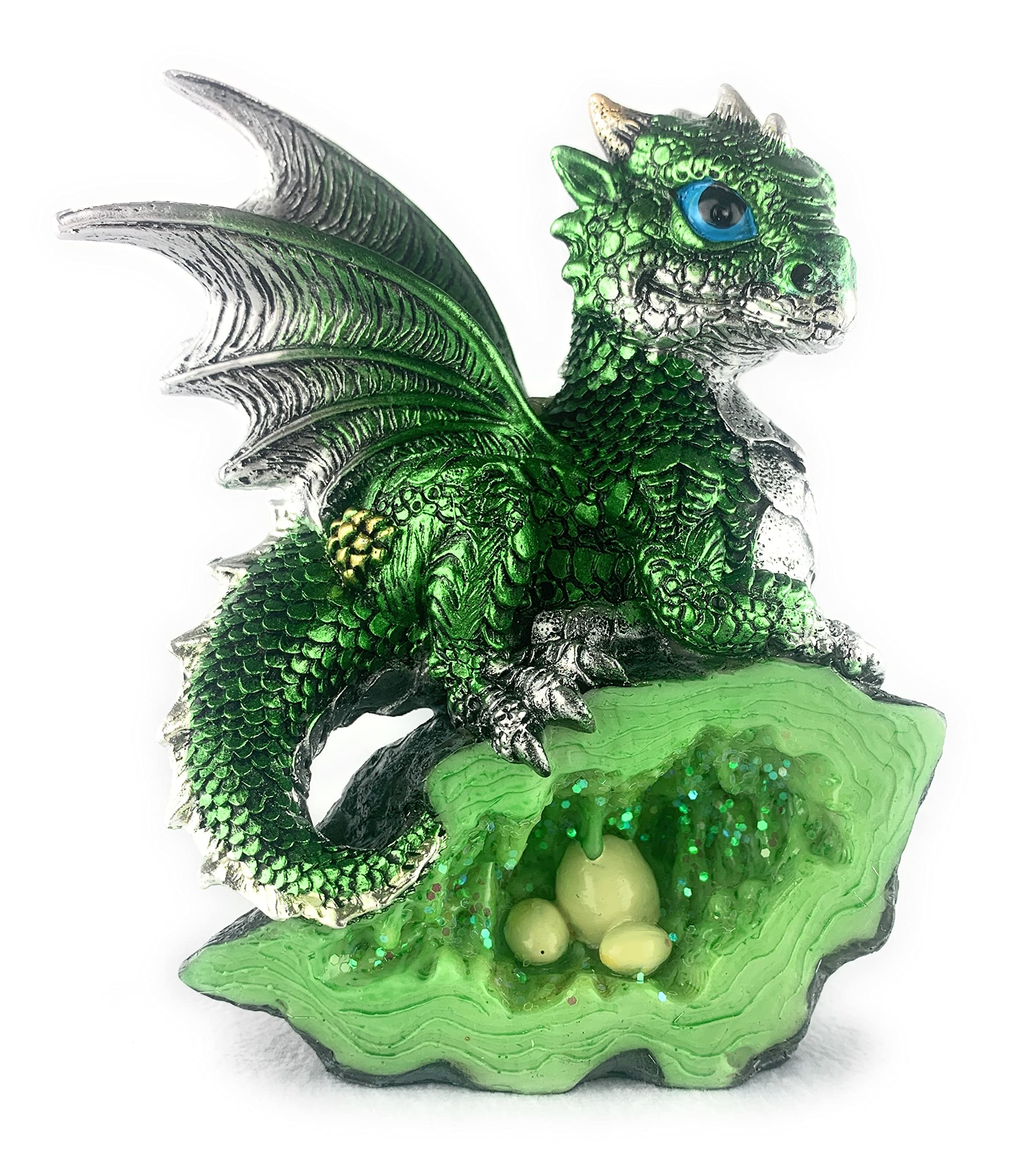 Ain’t It Nice Dragon Statue Medieval Baby Dragon with Crystal Egg Nest Decorative Figurine Geode Sparkling Crystal Cave Dragon Figurine Collectible Fantasy, Dark Green 4(L) 2(W) 5(H) inches