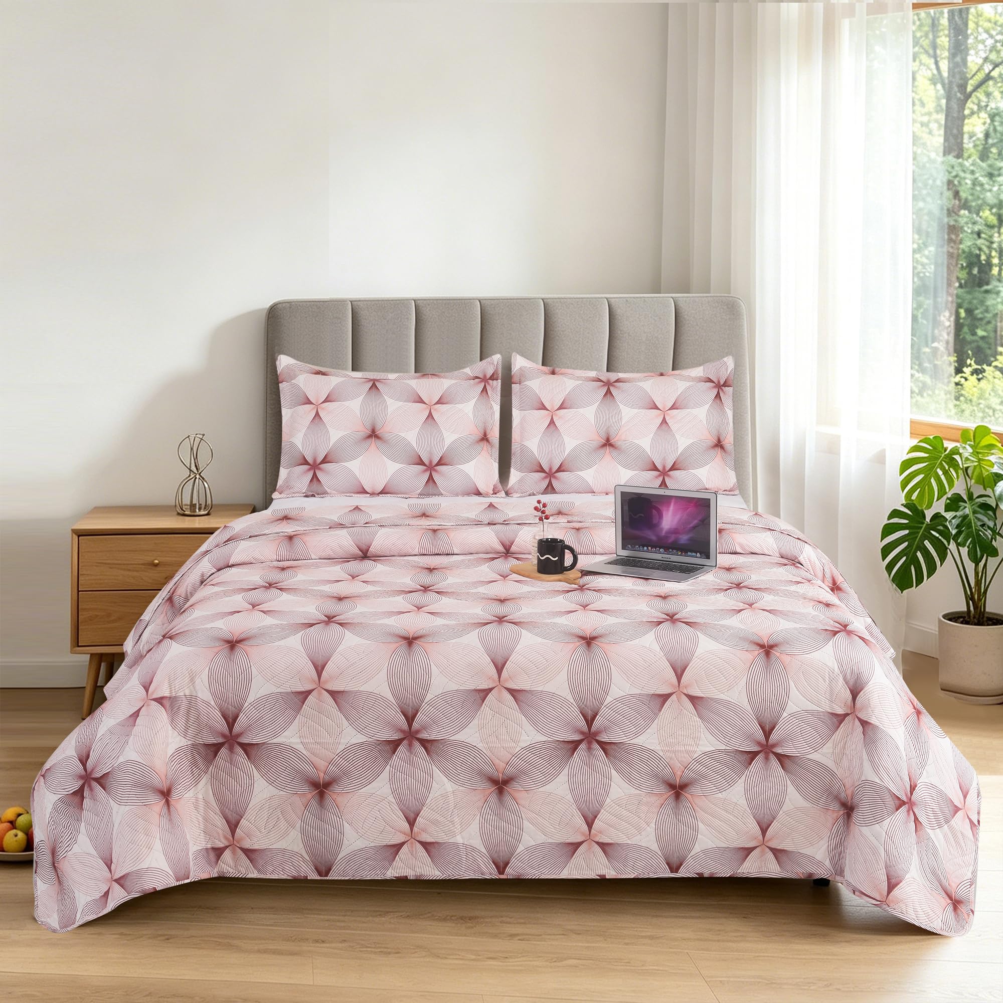 BOSKI LONDON 3 Piece Quilted Patchwork Bedspread with 2 Shams | Reversible Floral King Size & Double | Lightweight Microfiber Quilt | 220x240cm