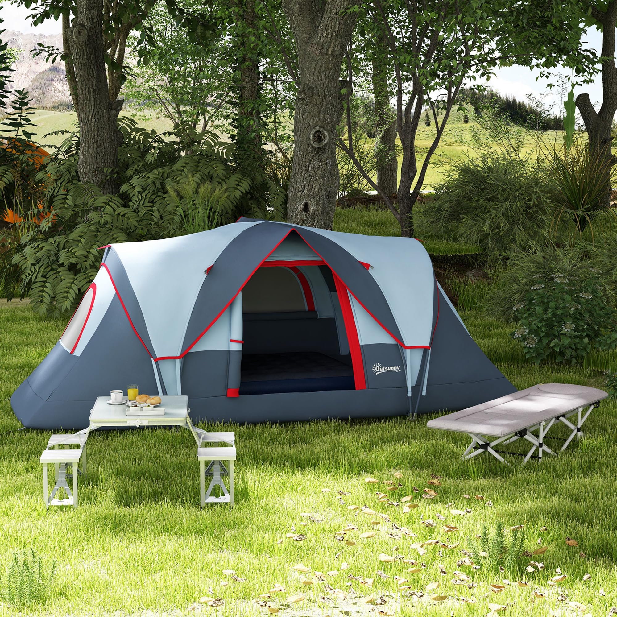 Outsunny Tenda da Campeggio 4-6 Posti Idrorepellente 3000mm Protezione UV, Tenda Famigliare Finestre Pali Fibra di Vetro 4.55x2.3x1.8 m