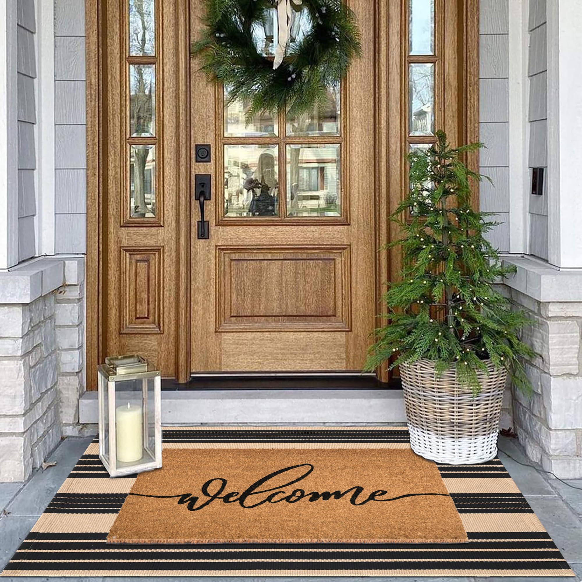 Photo 1 of *Box damaged* Fallovea Welcome Front Door Mats Combo Set, 100% Coco Coir Doormat + 28" x 43" Black and Brown Striped Rug, Front Porch Entryway Decor Indoor Outdoor Summer Mats