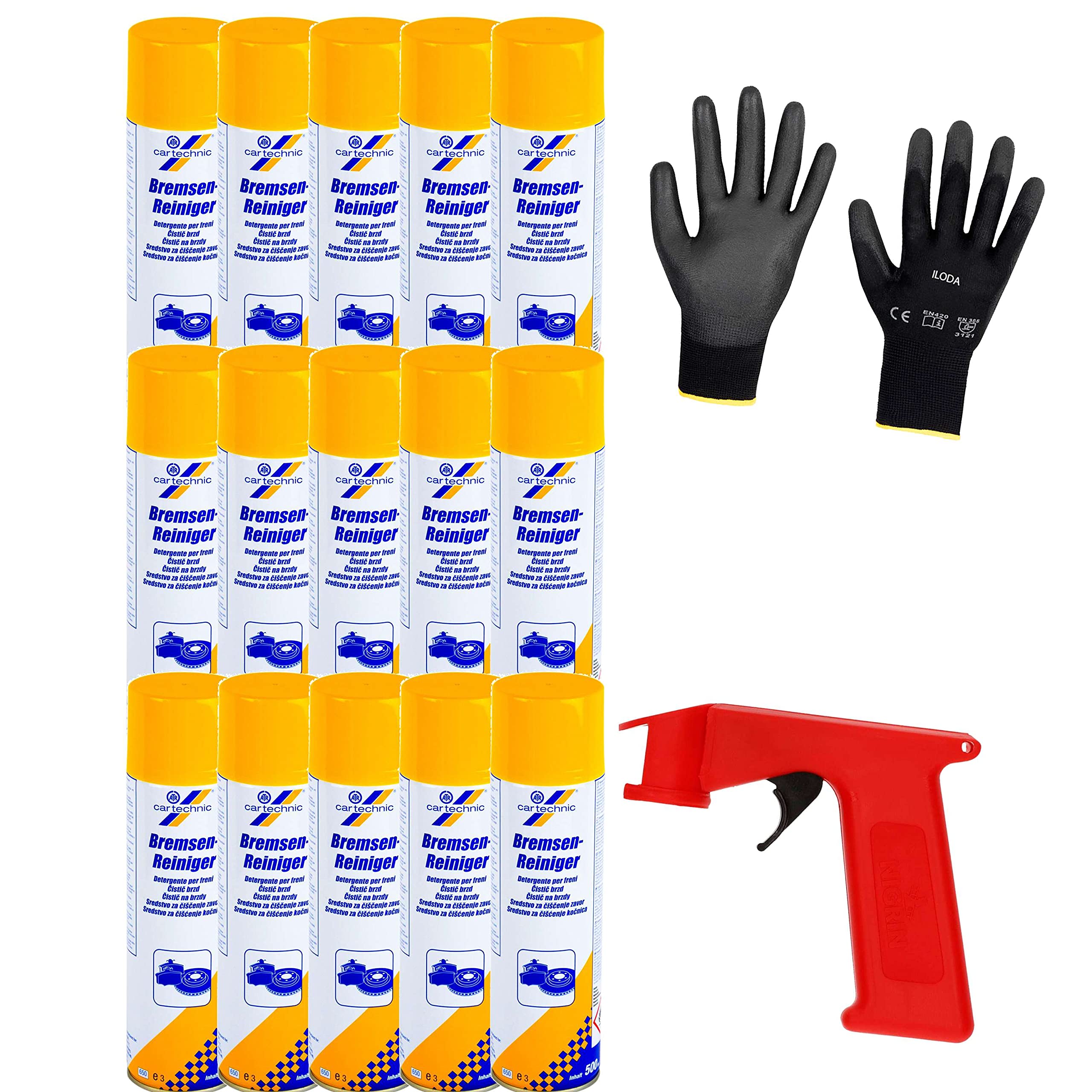 Schutzhandschuhe + Sprüh-Pistolengriff (rot oder schwarz) + 15x 500ml cartechnic Bremsenreiniger Spray, Entfetter, Ölentferner, Fettentferner