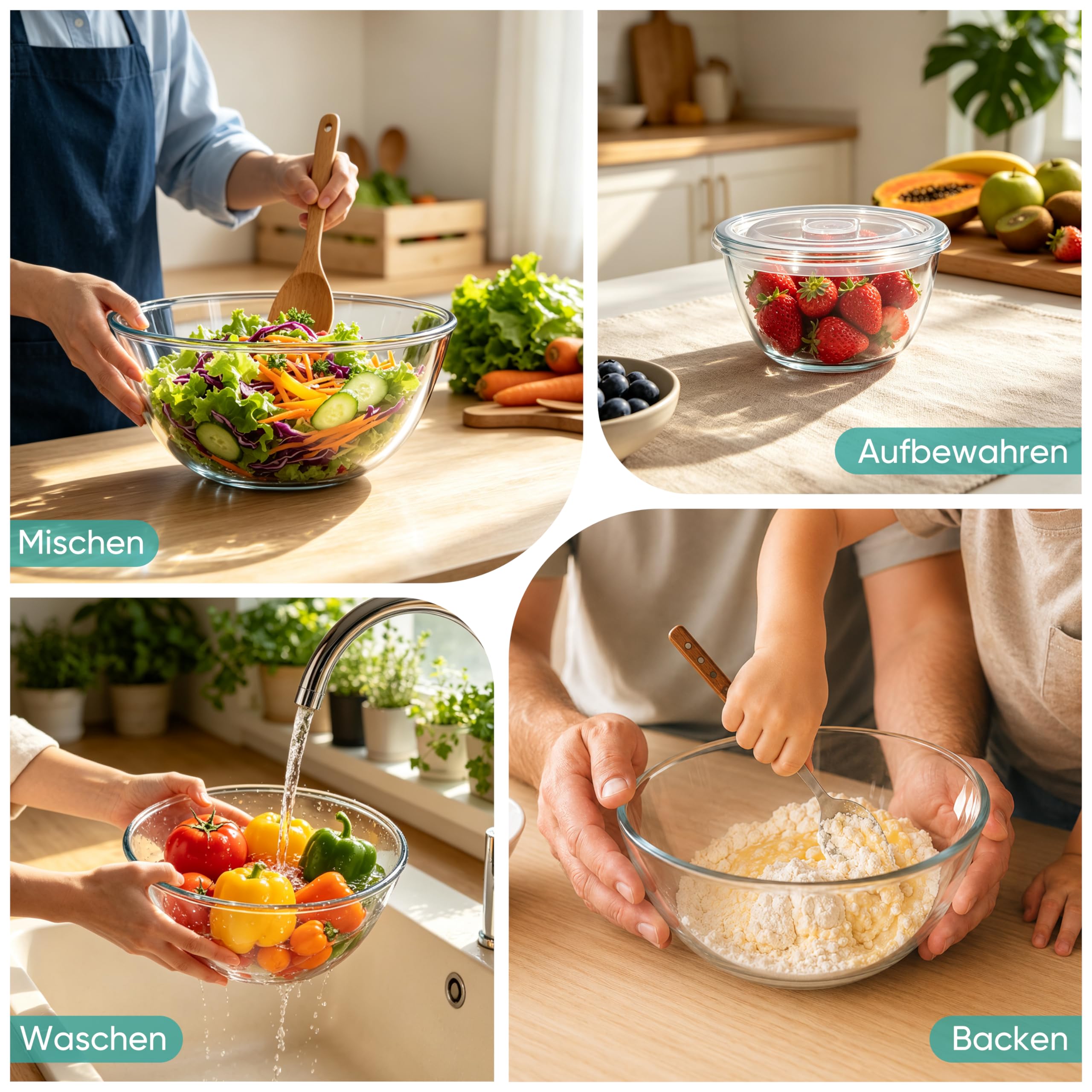 Homikit Salatschüssel 3er Set, Groß Glasschüssel Rührschüssel mit Luftdichtem Deckel, 4,5L/2,7L/1,1L, Borosilikatglas Schüssel für Servieren Kochen Backen, Luftdichtem, Spülmaschinenfest