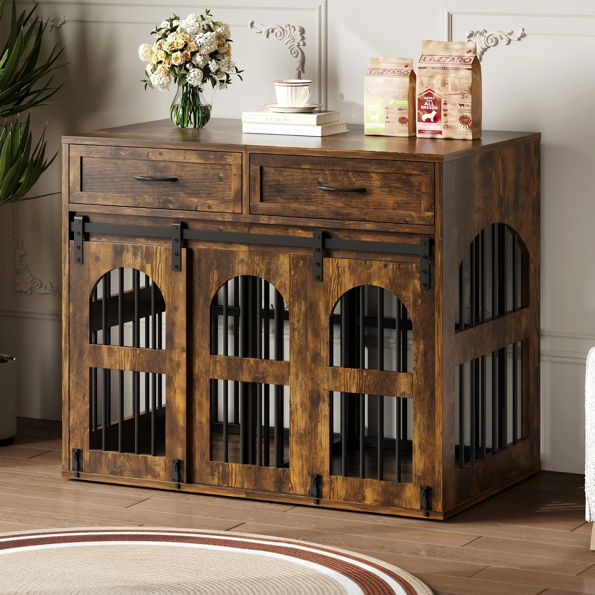 IRONCK Hundekäfig Möbel Hundebox für Zuhause mit 2 Schublade Türen Trennwand, Hundebox Holz Indoor für 2 kleine/mittlere/1 große Hunde, Beistelltisch mit Scheunentür, 106x68x88cm (Vintagebraun)