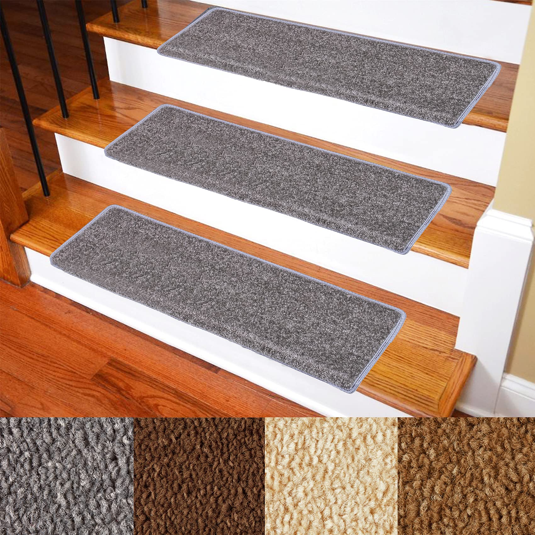 Patavin Carpet Stair Treads – Non-Slip Bullnose Carpet for Stairs – Indoor Stair Pads – Self-Adhesive – Skid Resistant & Washable – 14- Pack Silver