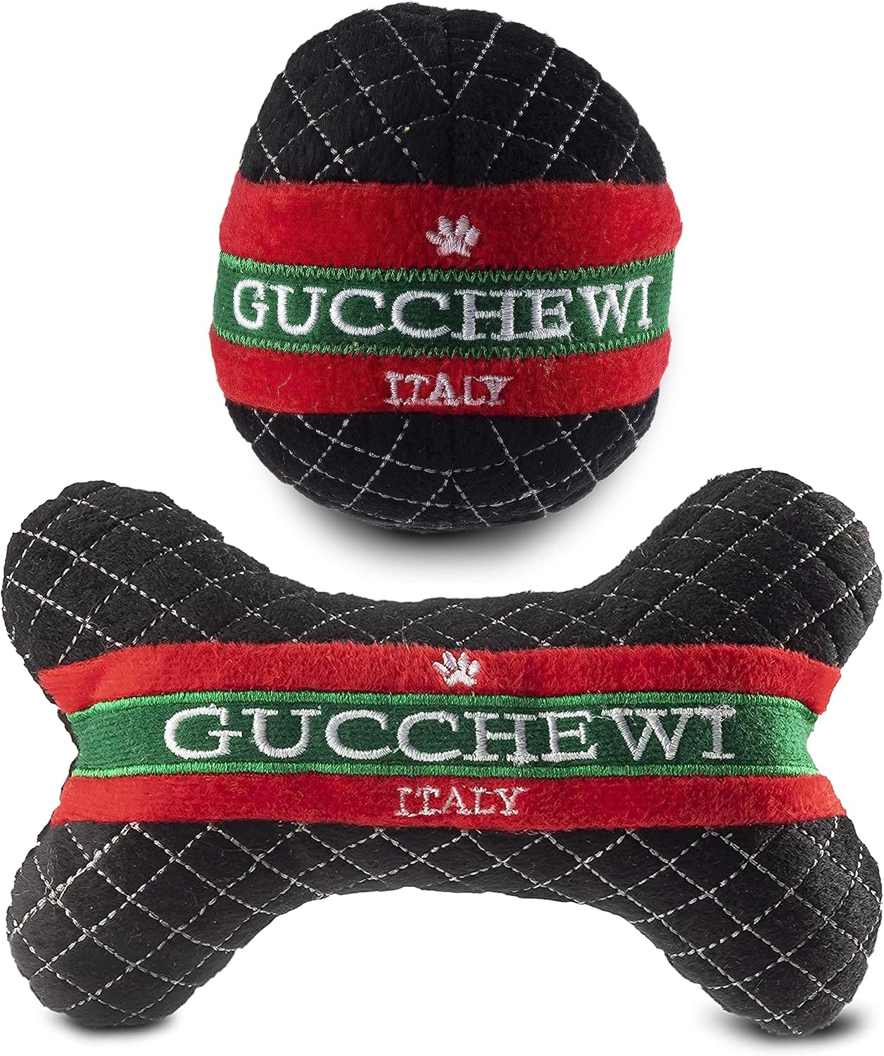 Dog Diggin Designs Gucchewi Collection – Set of 2 Unique, Squeaky, Parody Plush Toys That Includes a Gucchewi Bone and a Gucchewi Ball