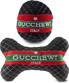 Dog Diggin Designs Gucchewi Collection Set of 2 Unique, Squeaky, Parody Plush Toys that Includes a Gucchewi Bone and a Gucchewi Ball