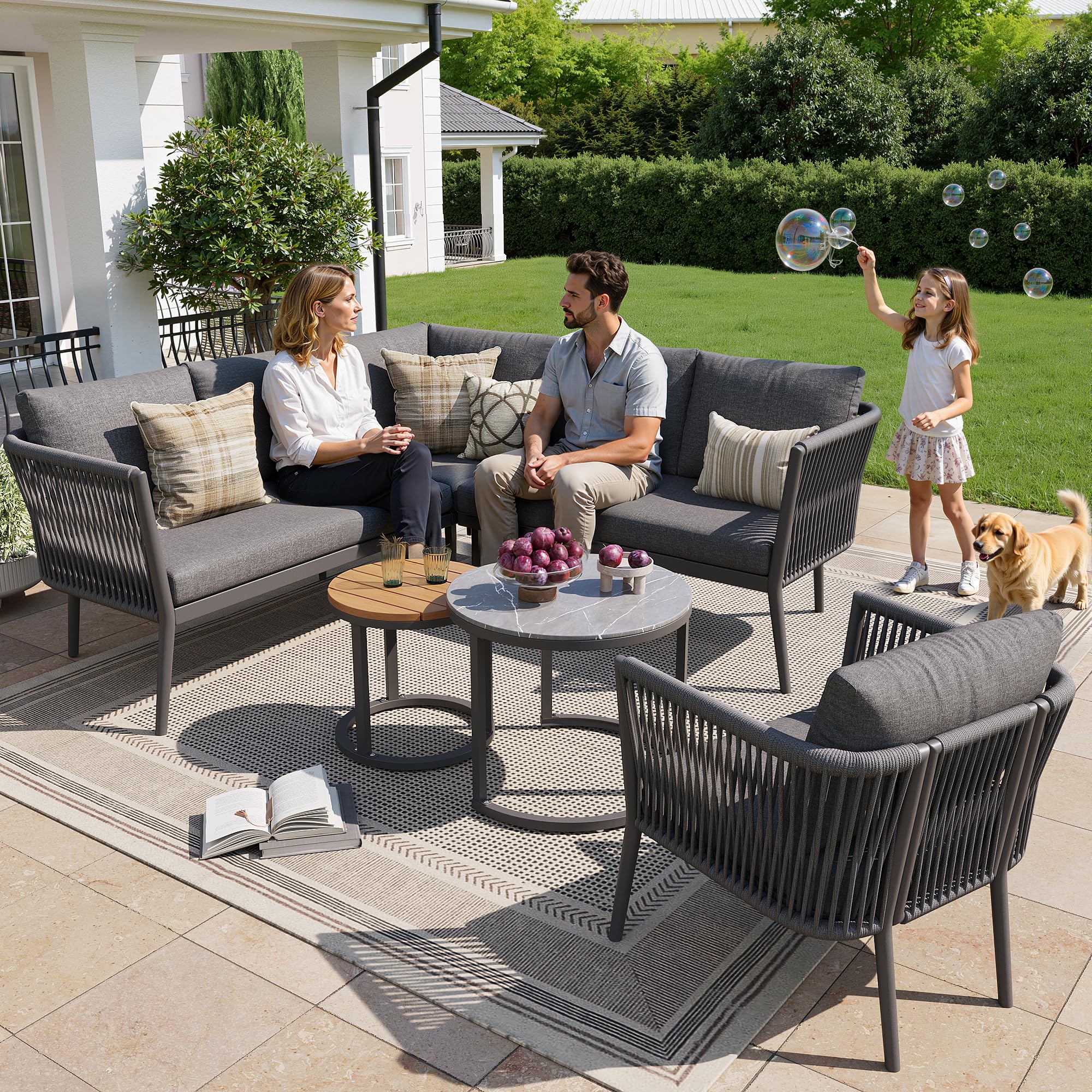 Set da giardino modulare 6 pezzi divano con panca impermeabile cuscini grigio 5-6 persone
