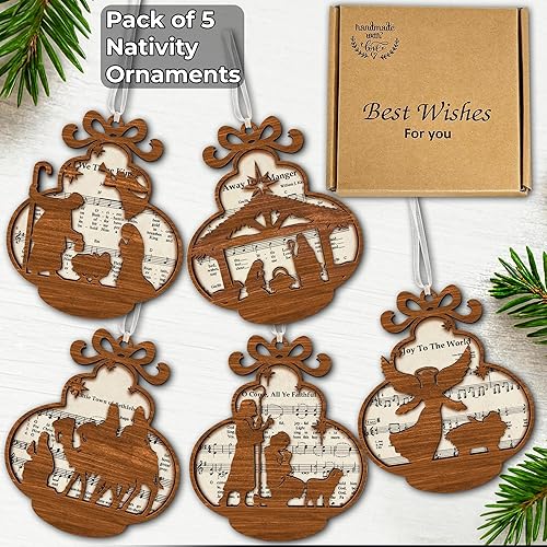 Miniatura 2 de Paquete de 5 adornos para partituras de música de pesebre, escena católica de madera, árbol de Navidad, cortado con láser, cristiano para bendición