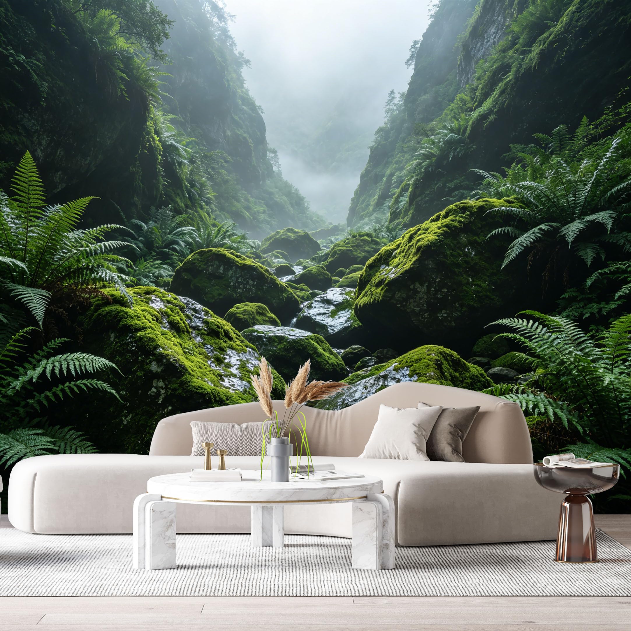 Custom Size Wall Murals Misty Forest Botanical Landscape Ferns Mossy Rocks Waterfall SelfAdhesive Wall Fabric Removable Large Wallpaper for Photo Living Room