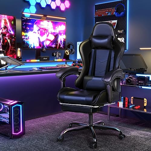 Miniatura 2 de Furmax Silla para videojuegos, silla de videojuegos con reposapiés y soporte lumbar de masaje, asiento giratorio de altura ajustable, silla de