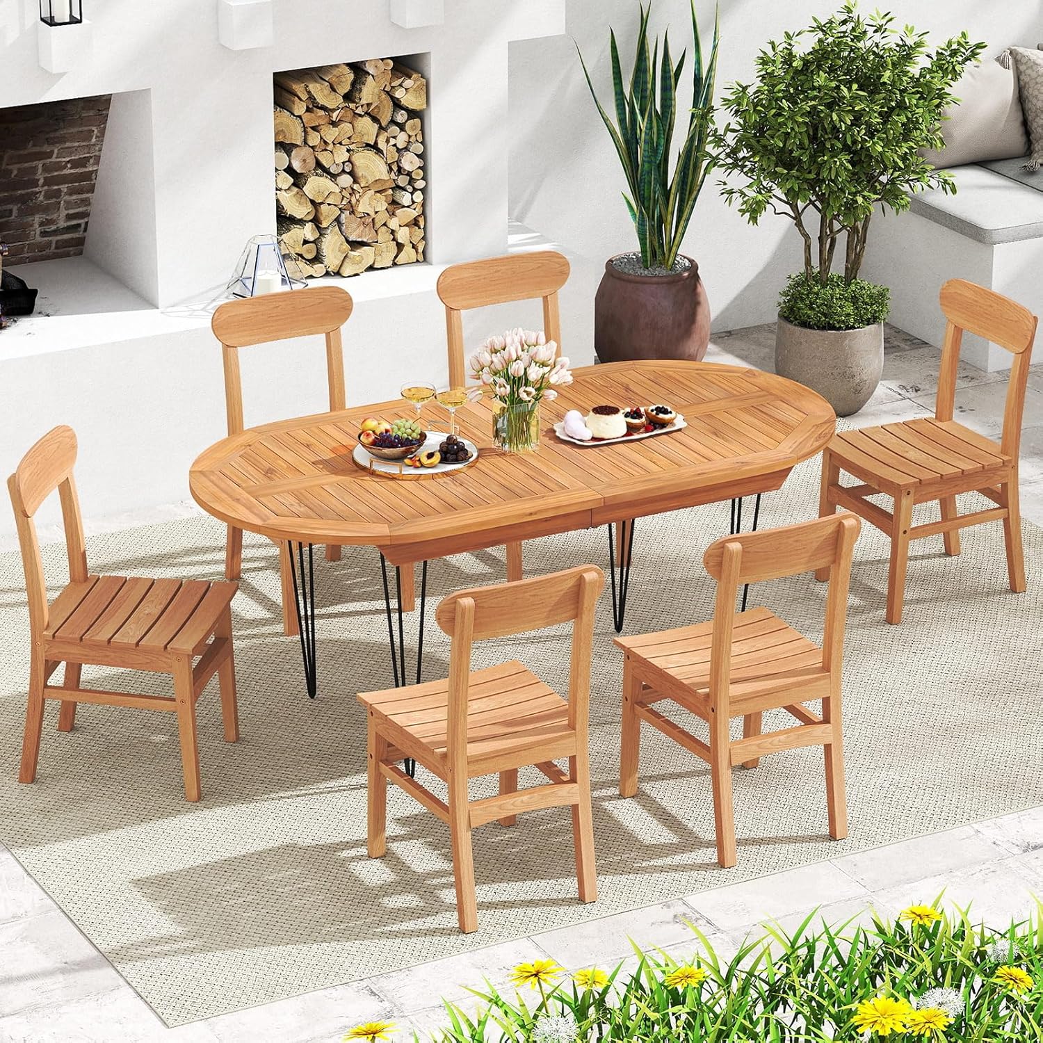 Tangkula Teak Wood Patio Chair, Wooden Armless Dining Chair with Slatted Seat & Curved Backrest, Indoor/Outdoor Solid Wood Chairs Furniture for Backyard, Balcony, Porch