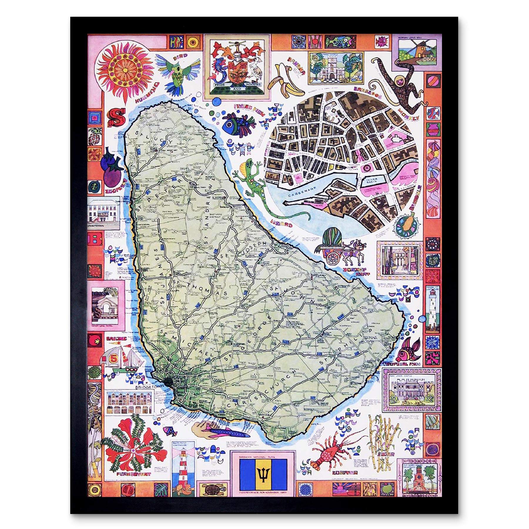 Wee Blue Coo Travel Tourism Barbados Caribbean Tropical Map Vintage Advertising Art Print Framed Poster Wall Decor 12X16 Inch