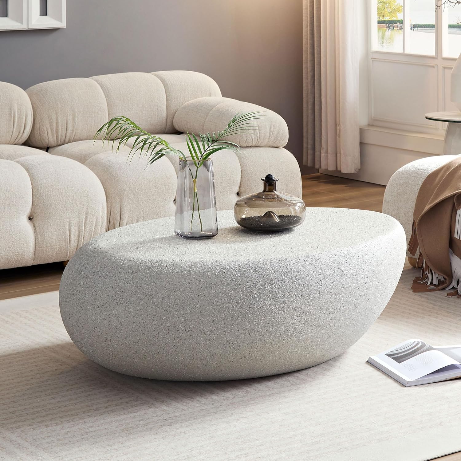 43.3" Fiberglass Elliptical Oval Coffee Table for Living Room Vintage Matte Rocks Center Table Front of The Sofa,No Need Assembly