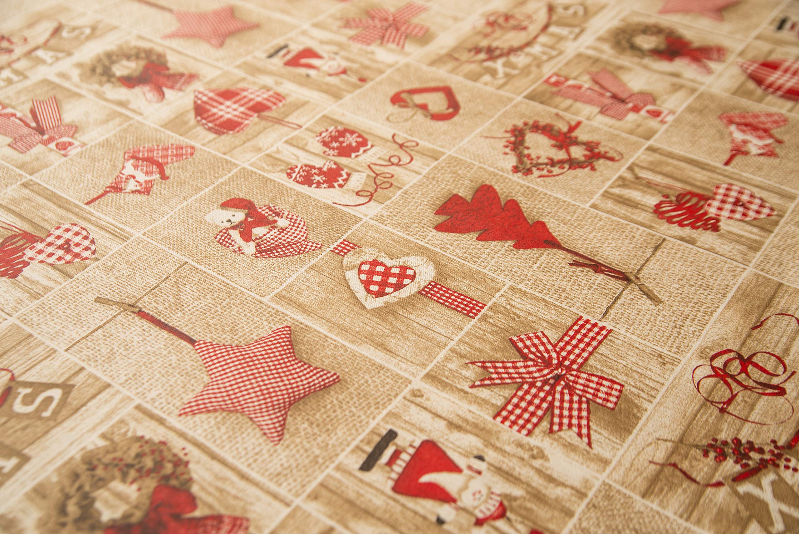 Mantel Tela Resinada Antimanchas Estampado Navidad Beige y Rojo Patchwork (140_x_400_cm )