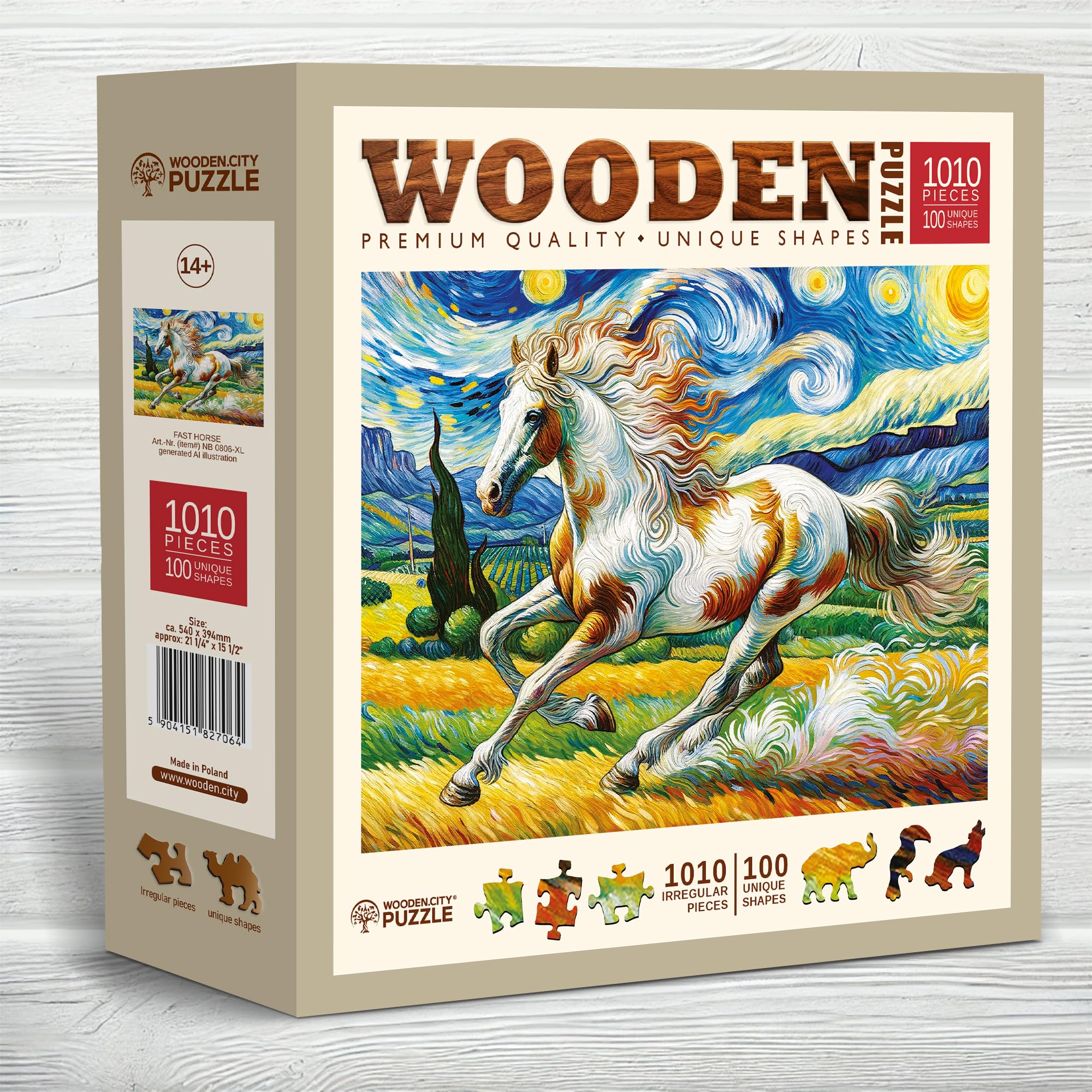 WOODEN.CITY Puzzle en bois 1000 pièces - Cheval rapide avec 100 pièces en forme d'animal - 53,9 x 39,4 cm - Conçu et fabriqué dans l'UE