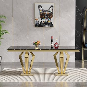 68" Black Marble Dining Table for 6-8, Modern Rectangular Kitchen Table with Faux Marble Top, Modern Dining Room Table with Gold Stainless Steel Base for Kitchen Dining Room