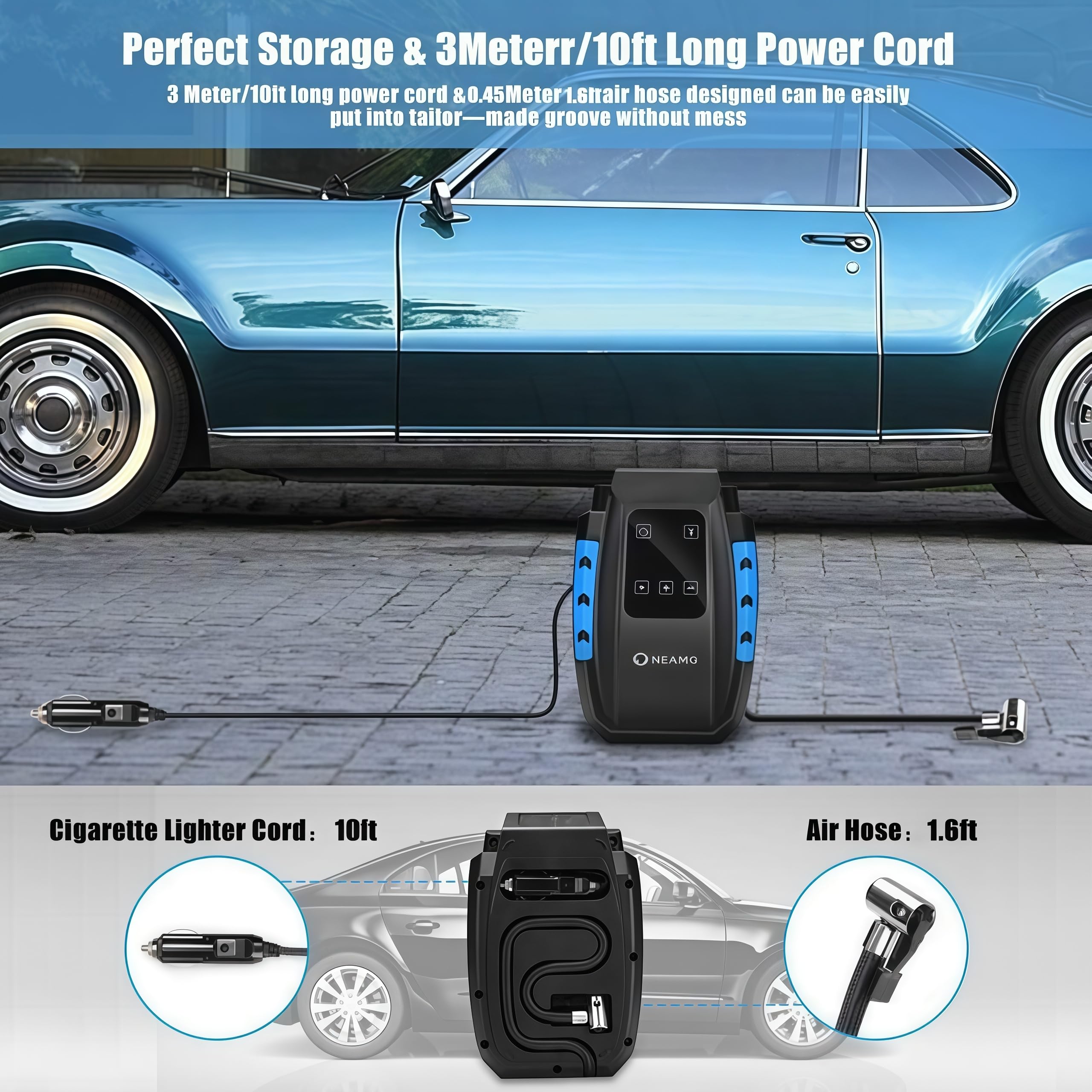 Compresseur à Air Portatif 12V 150W, Gonfleur Pneus Voiture-Bleu | Digital Portable Auto Gonfleur Electrique, Compresseur Air Numérique avec Lampe LED, 3M Câble pour Voiture Vélo