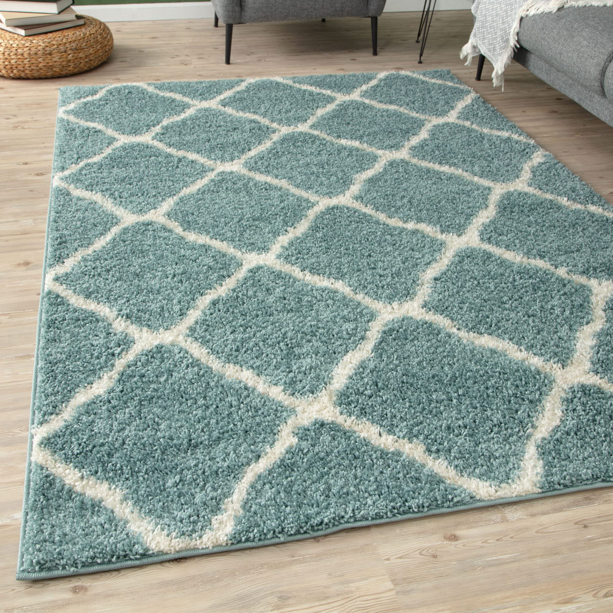 THE RUGS Shaggy Rug – Modern Moroccan Design Rugs for Living Room, Bedroom, Hallway, 3 cm Thick Area Rugs, (Moroccan Duck egg blue/Ivory, 80x150cm)