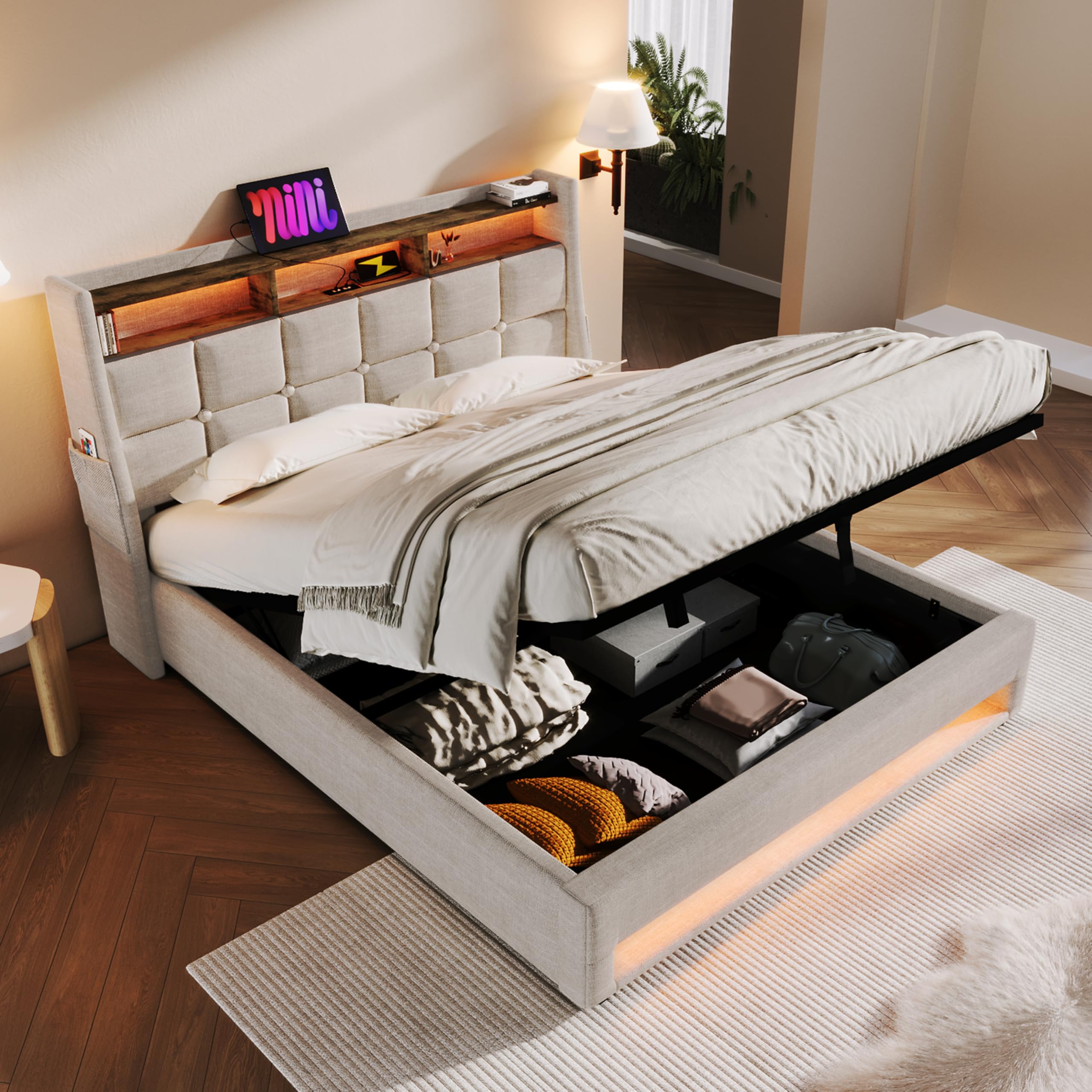 Merax Full Size Upholstered Platform Bed Frame with Hydraulic Storage System,LED and Soft Storage Headboard,USB Charging