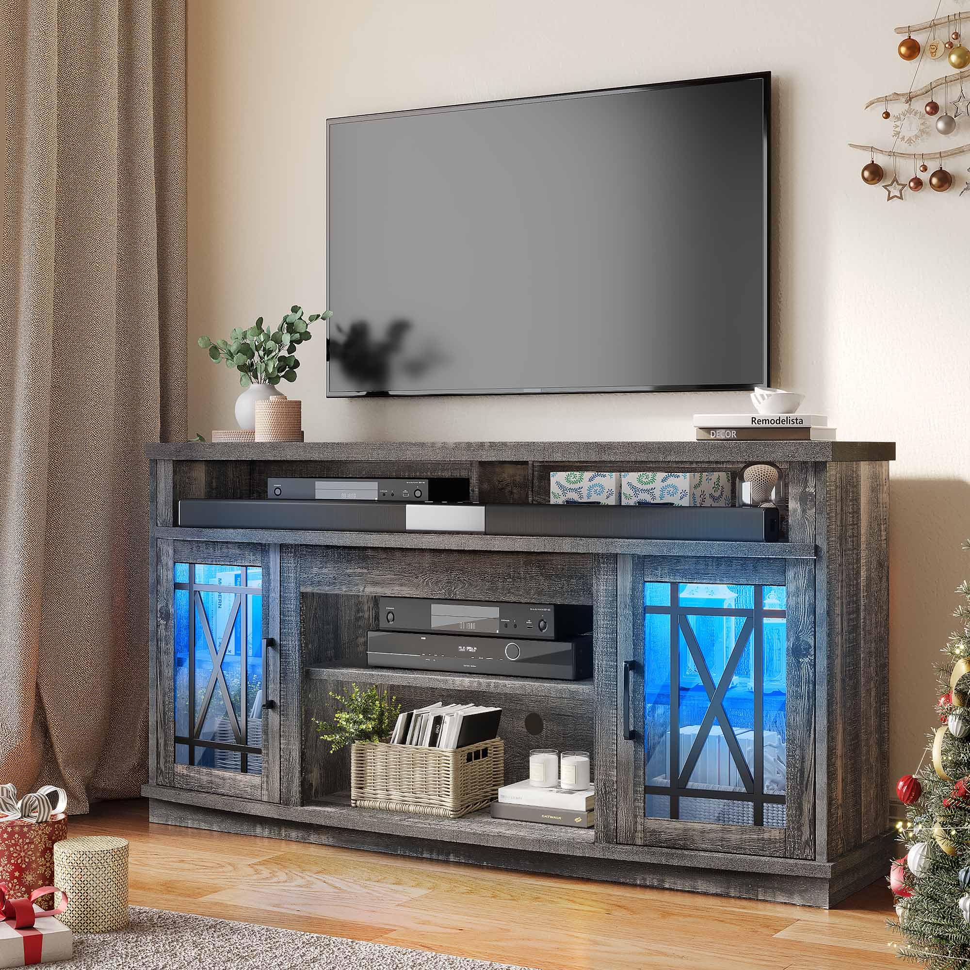 DWVO LED Farmhouse Television Stand for Living Room, 32'' Tall Entertainment Center for 65/55 Inch TV, Media Console TV Table with Storage Cabinet, Adjustable Shelf and Glass Doors, Dark Rustic Oak