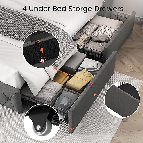 Miniatura 41 de LARMACE - Marco de cama tamaño King con 4 cajones de almacenamiento y cabecera tapizada con botones, cama de plataforma tapizada en lino con