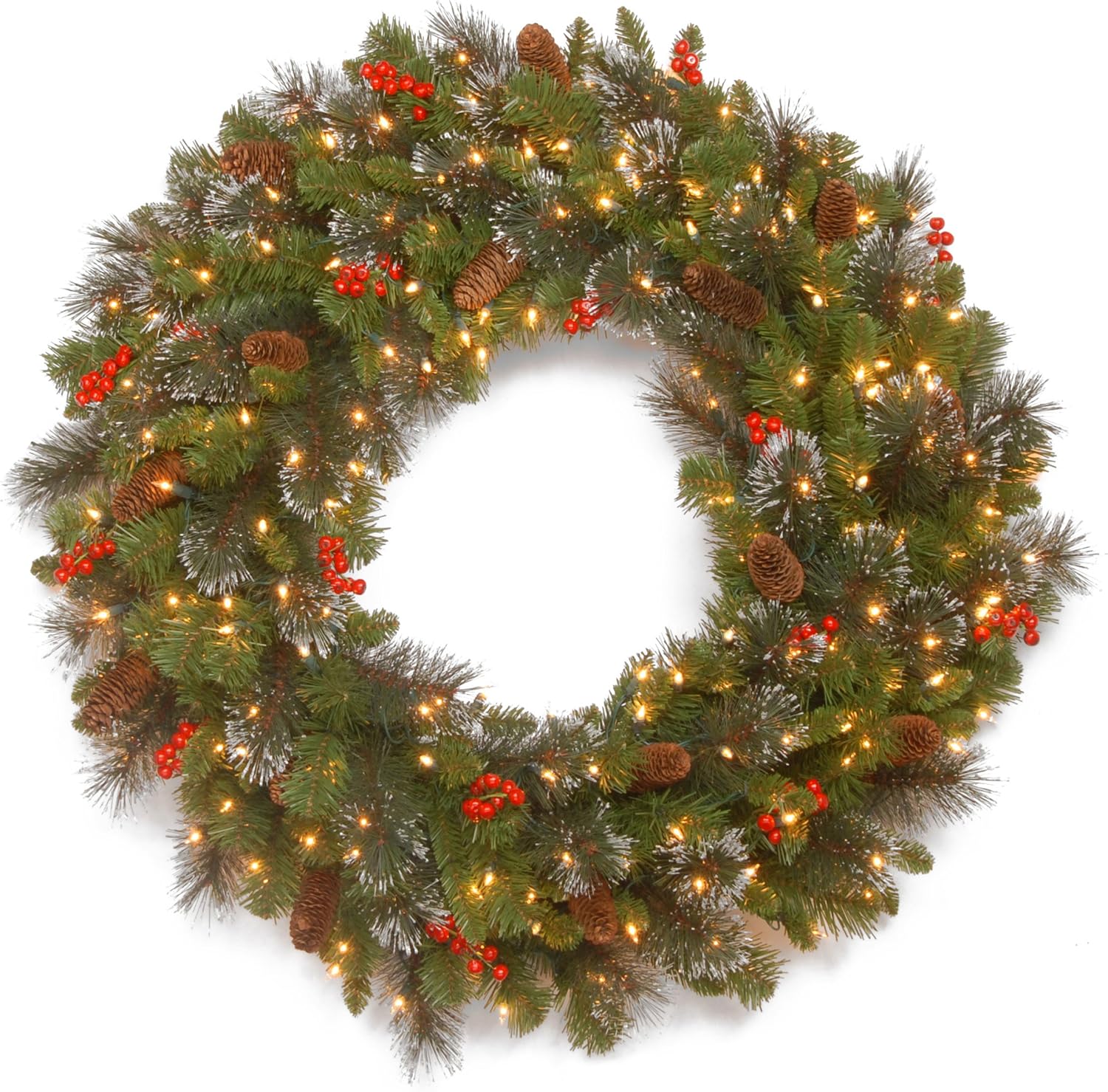 National Tree 30 Inch Crestwood Spruce Wreath with Silver Bristles, Cones, Berries and 50 Battery Operated Warm White LED Lights with Timer (CW7-309L-30W-B1), 30 in, Green, Red