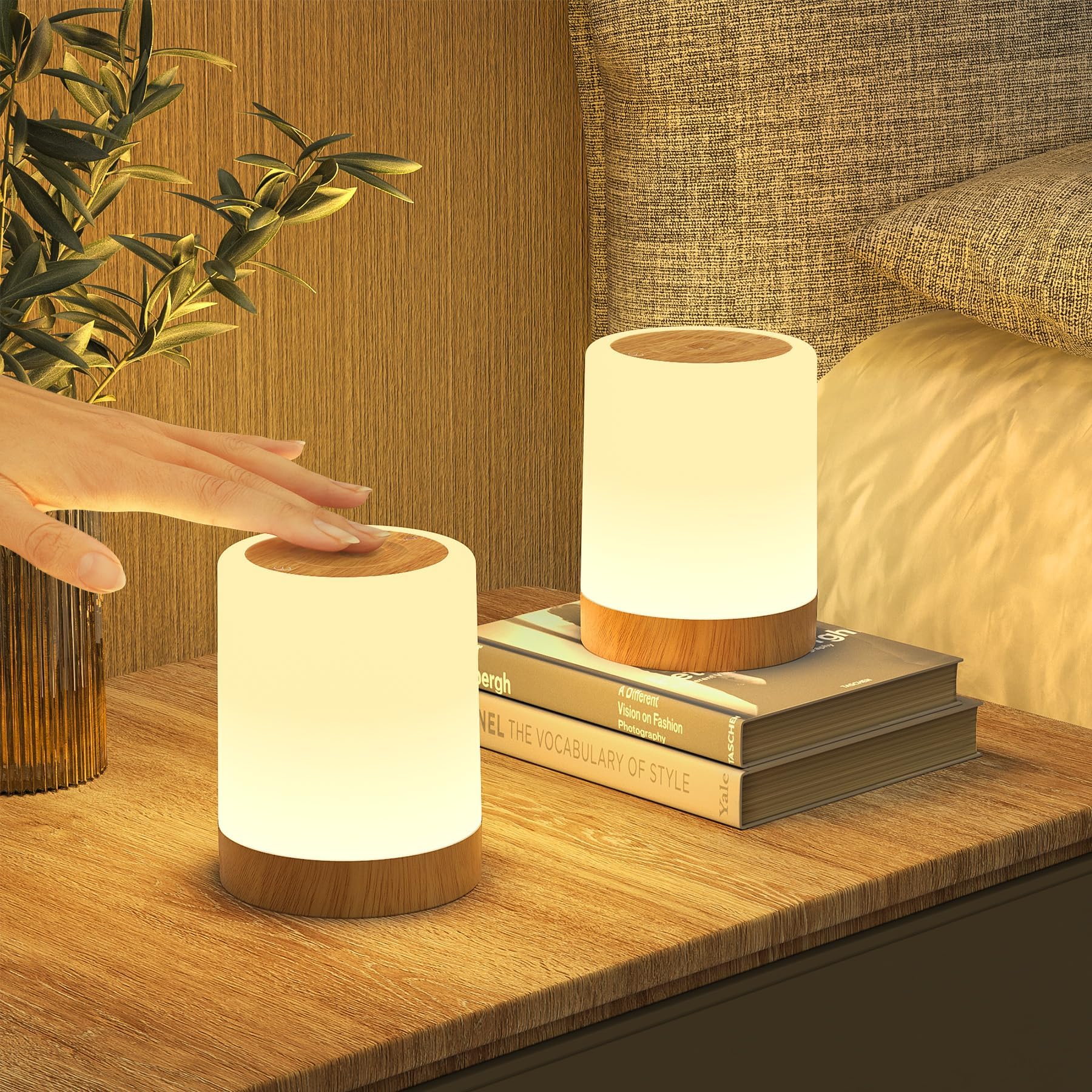 LED Nachttischlampe Touch Dimmbar mit 256 RGB Farben & 3 Modi, Nachtlicht Kinder USB Aufladbar mit Timing & Memory Funktion, Holzmaserung Tischlampe Kabellos für deko Schlafzimmer Wohnzimmer (2)