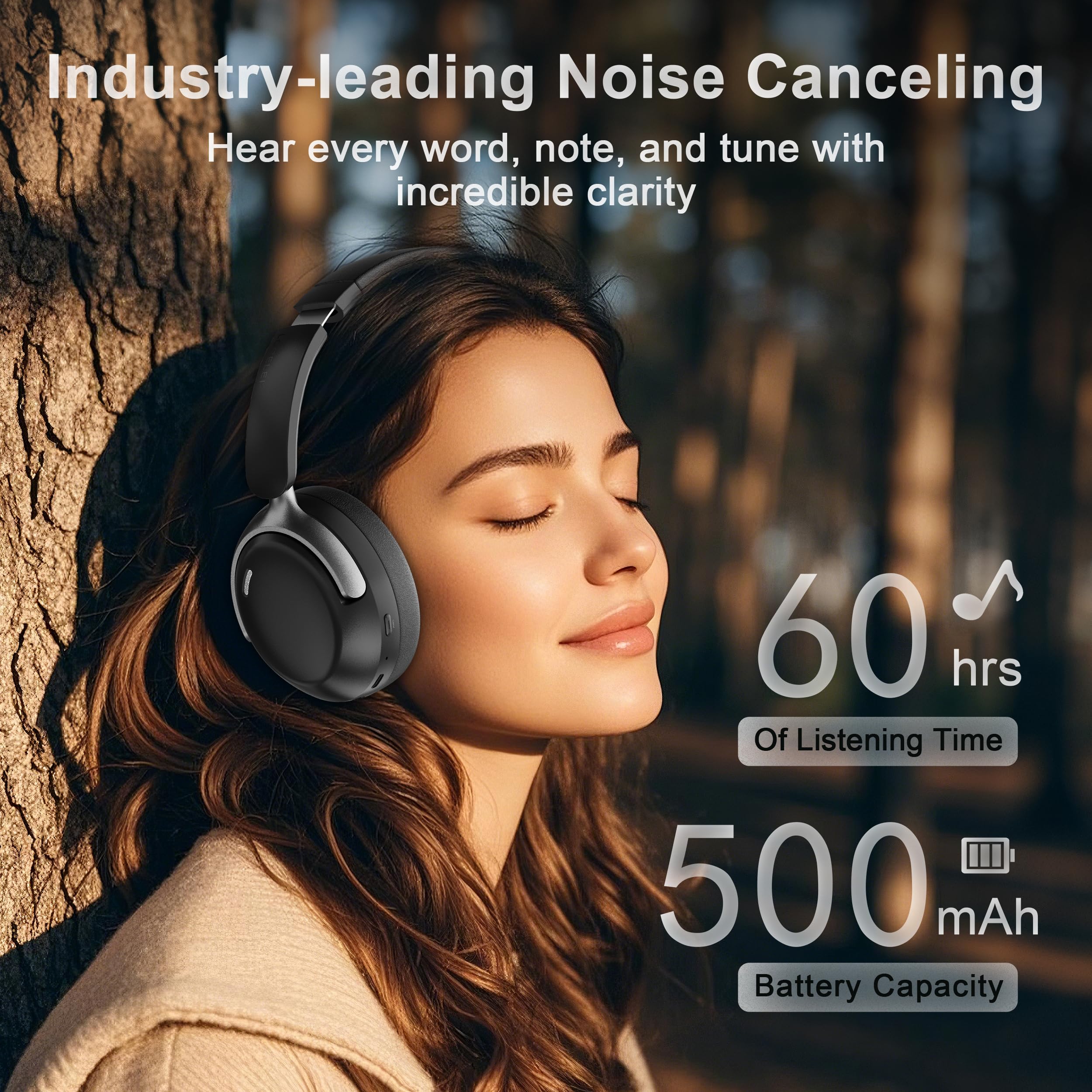 LORELEI QC30 Casque hybride à réduction active du bruit, casque Bluetooth sans fil 60 heures d'autonomie avec micro, basses profondes, ajustement confortable, coussinets souples, charge rapide, noir