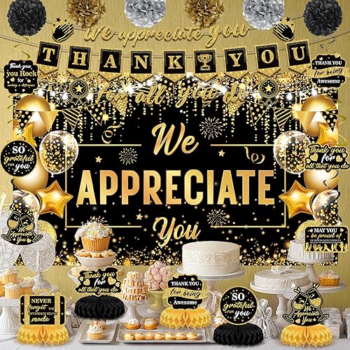 Miniatura 2 de Decoraciones de Fiesta We Appreciate You Negro Dorado Pancarta Thank You for All You Do Centros de Mesa de Panal Espirales Colgantes para Oficina