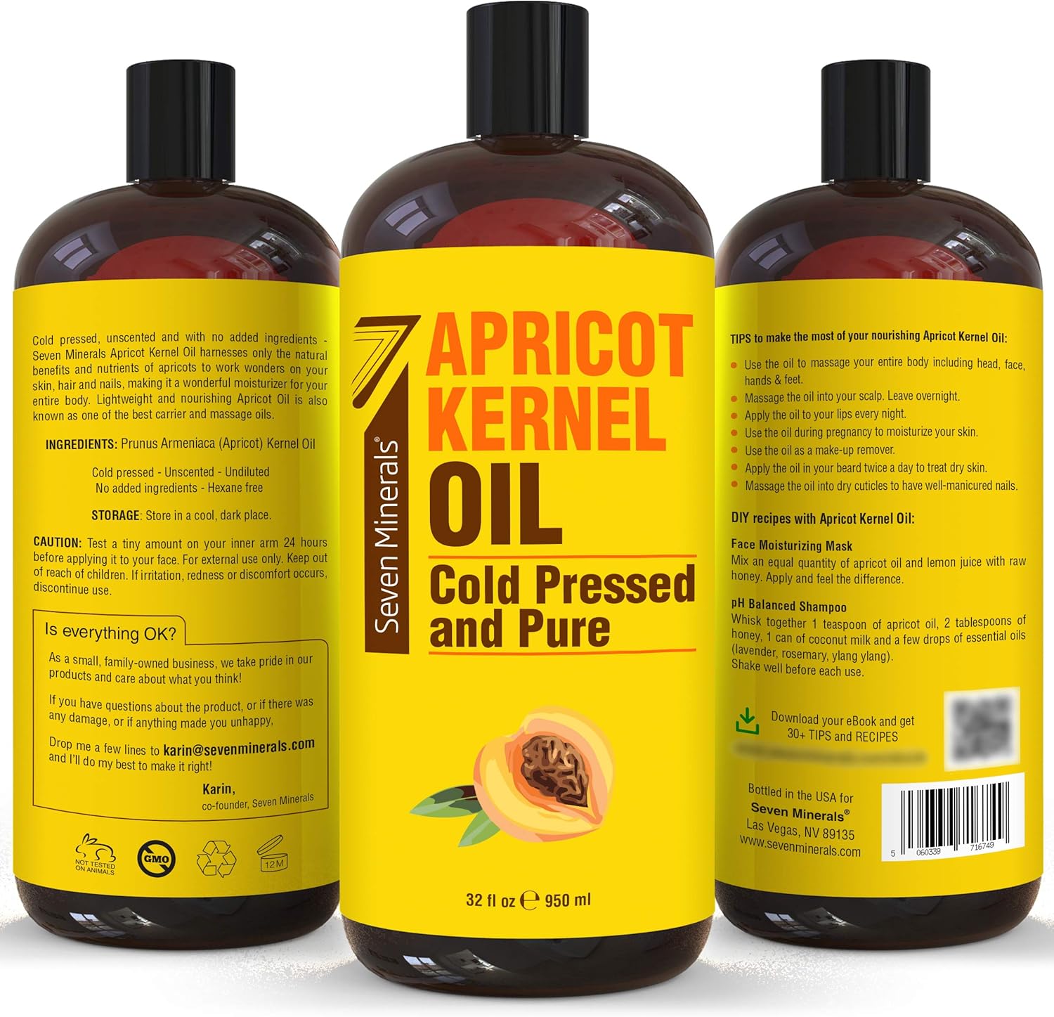 Seven Minerals Pure Cold Pressed Apricot Kernel Oil - Big 32 fl oz Bottle - Non-GMO, Hexane Free, Natural & Lightweight Moisturizer for All Skin Types - Perfect Oil for Massage Therapy & Aromatherapy - Image 4
