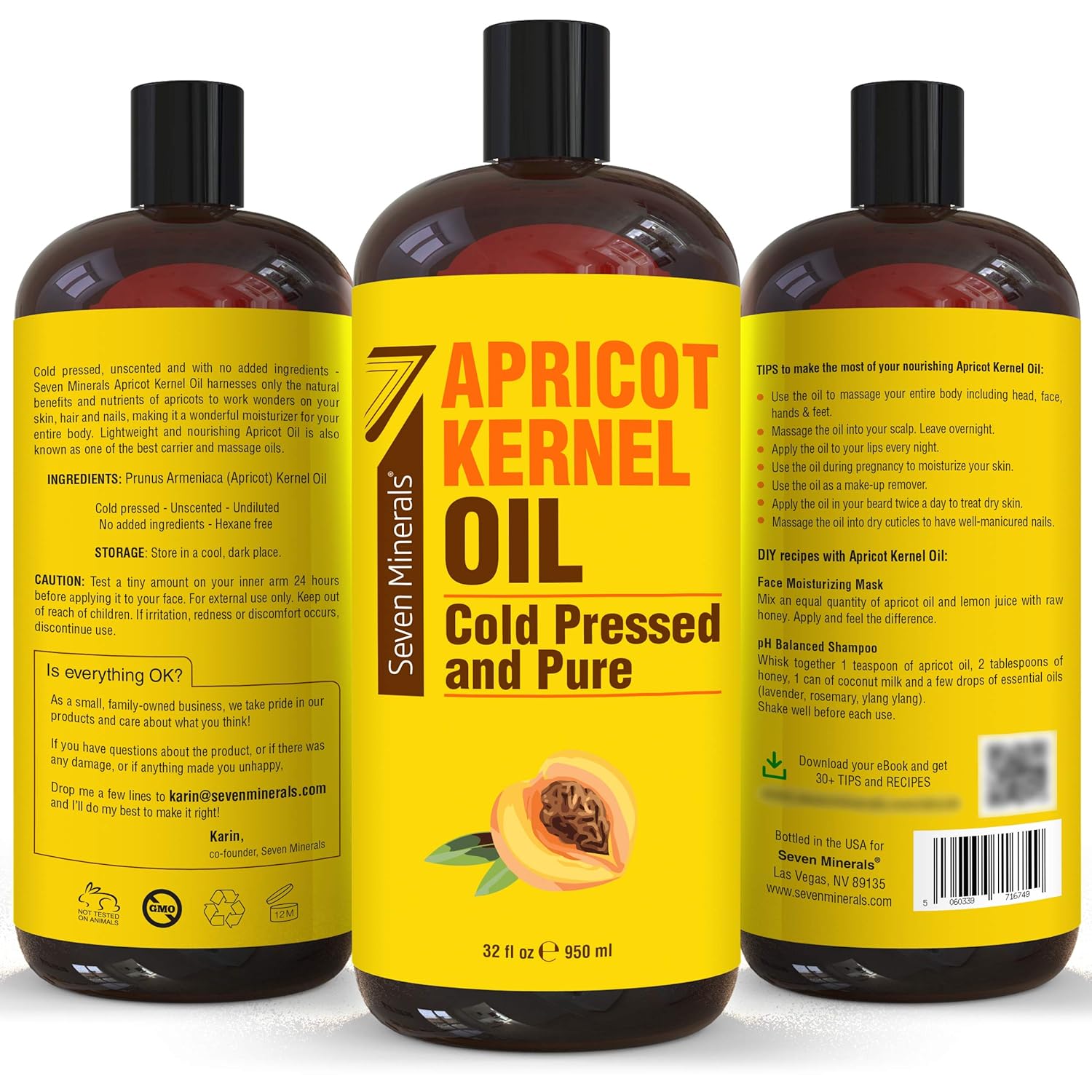 Pure Cold Pressed Apricot Kernel Oil - Big 32 fl oz Bottle - Non-GMO, Hexane Free, Natural & Lightweight Moisturizer for All Skin Types - Perfect Carrier Oil for Massage Therapy and Aromatherapy : Health & Household