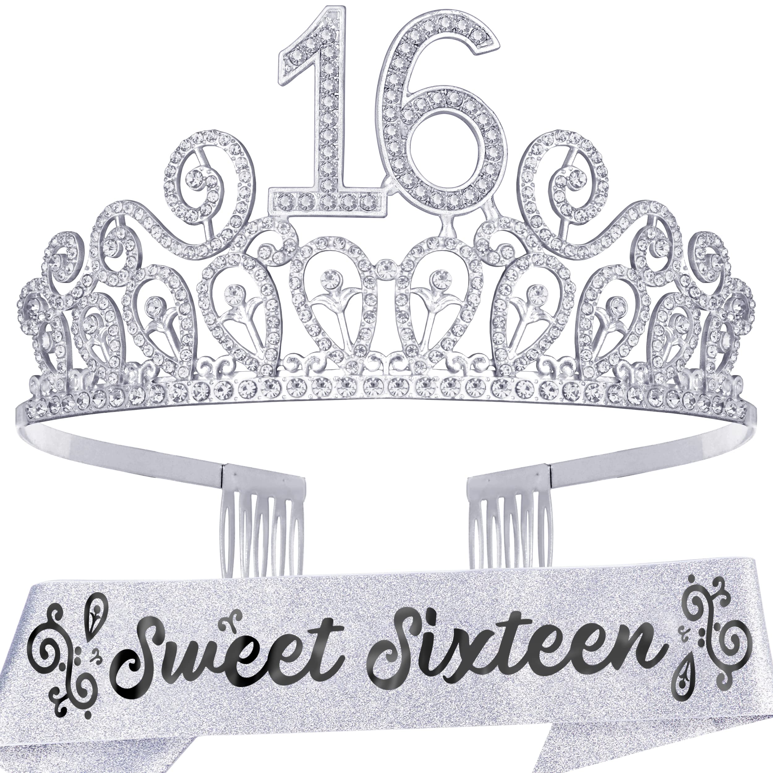 MEANT2TOBE 16th Birthday Sash and Tiara Set - Glittery Silver & Black Birthday Sash + Premium Metal Tiara with Rhinestones - Perfect Sweet 16 Birthday Gift for Girls!