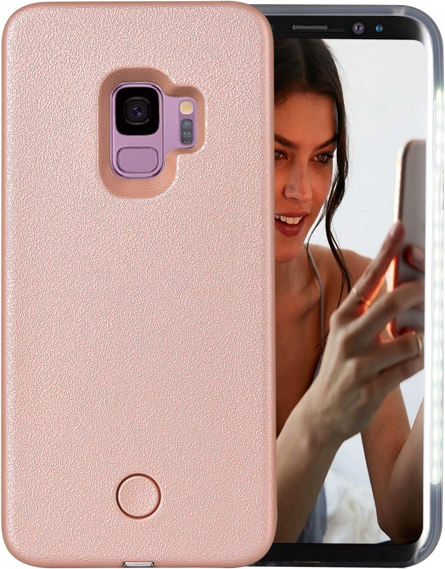 Galaxy S9 Case, AUYOUWEI LED Illuminated Selfie Light Case Cover [Rechargeable] Light Up Luminous Selfie Flashlight Cell Phone Case for Samsung S9 (Rose Gold)