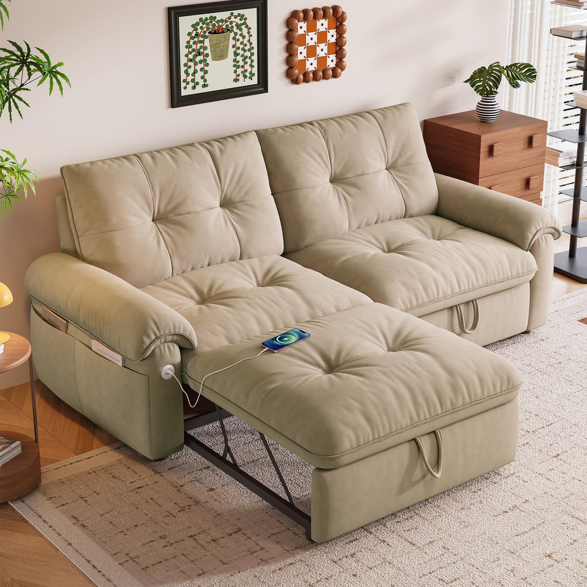 77" Queen Pull Out Sofa Bed, Modern Style Convertible Sleeper Sofa with Velvet Fabric, 3-In-1 Loveseat L Shaped Couch with Adjustable Backrest, Side Pocket & USB Port for Living Room Apartment (Brown)