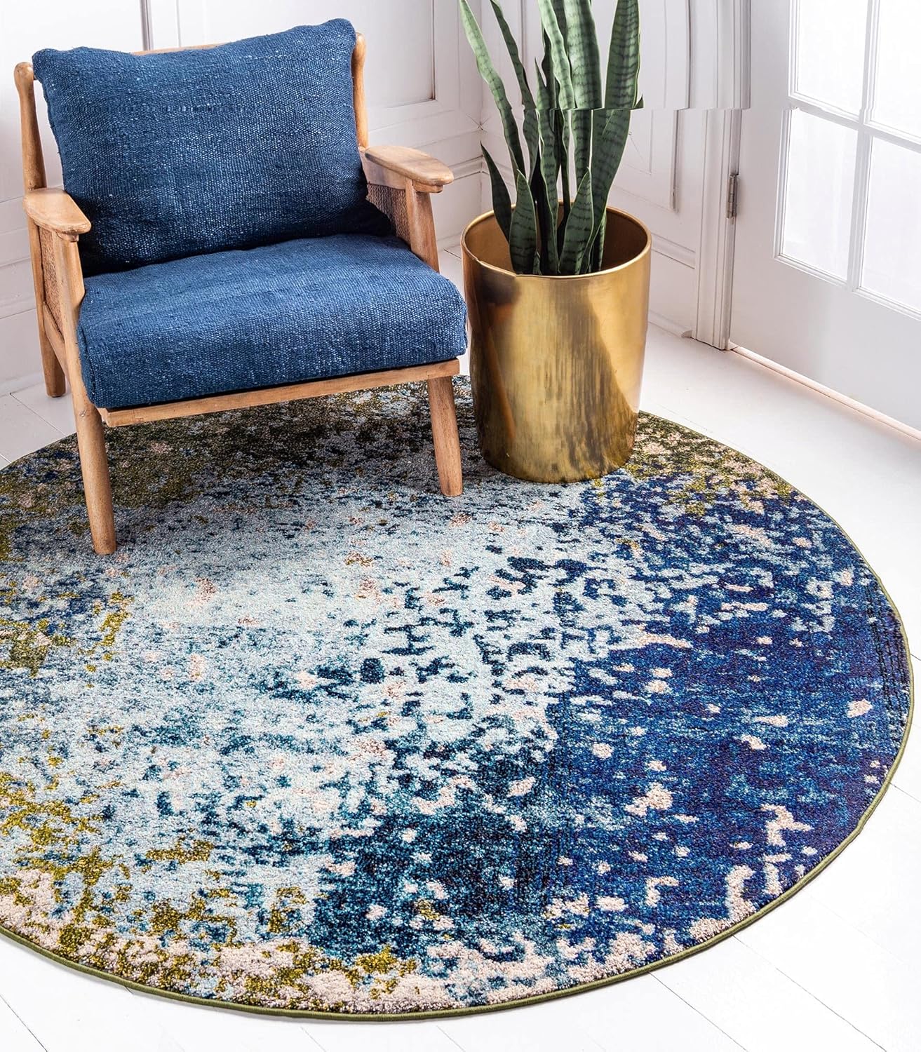 Rugs.com Hyacinth Collection Rug – 5 Ft Round Blue Medium Rug Perfect for Kitchens, Dining Rooms